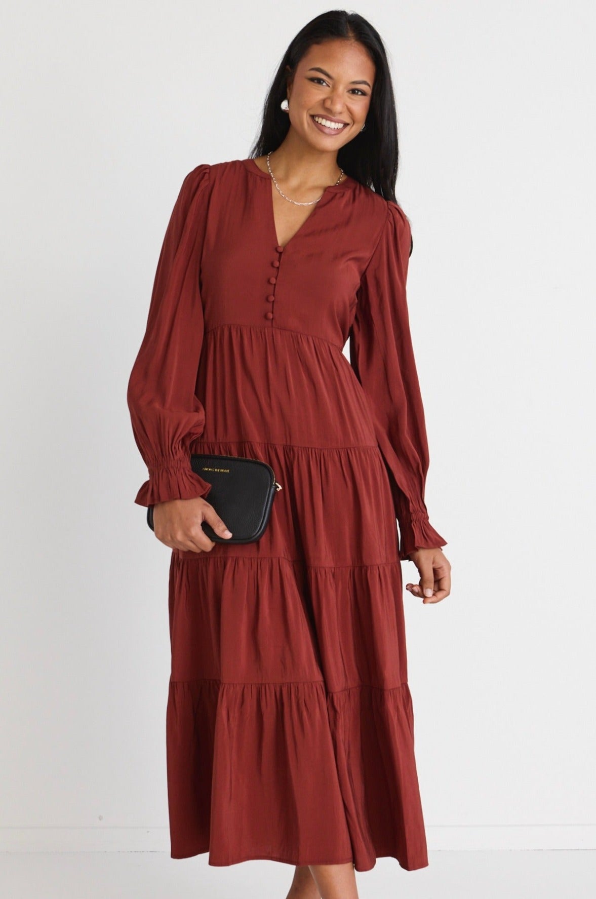 Elegant Copper Long Sleeve Button Front Tiered Maxi Dress for Women - Perfect for Fall Weddings, Holiday Parties & Special Occasions