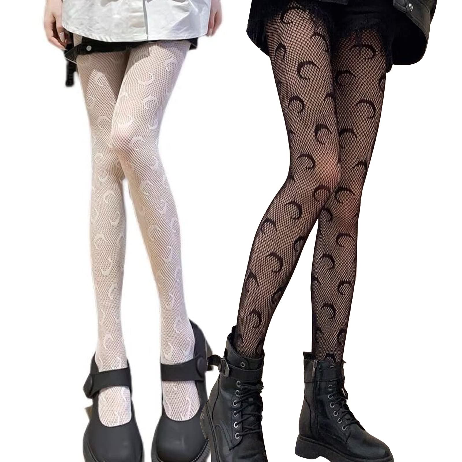 SERAPHY 2 Pairs Women's Lace Fishnet Tights - Floral Patterned Stockings, Black & White Pantyhose for Sexy Outfits | Perfect for Date Night, Halloween Costumes & Fashion Leggings