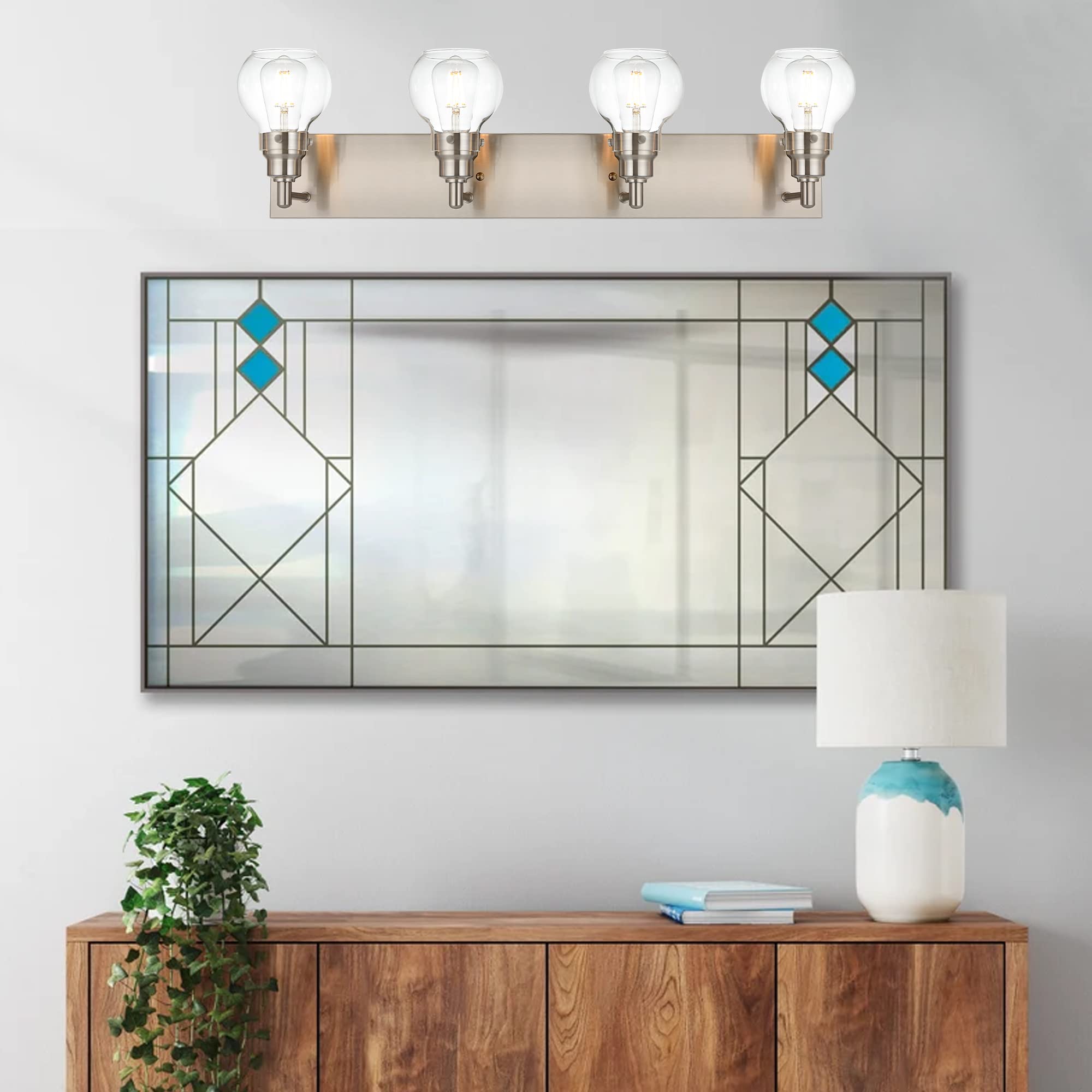 4-Light Modern Bathroom Vanity Light Fixture in Brushed Nickel - Clear Globe Glass Wall Sconce for Bathroom, Powder Room & Foyer Lighting - Perfect for Makeup Vanity, Dressing Area and Hallway Illumination