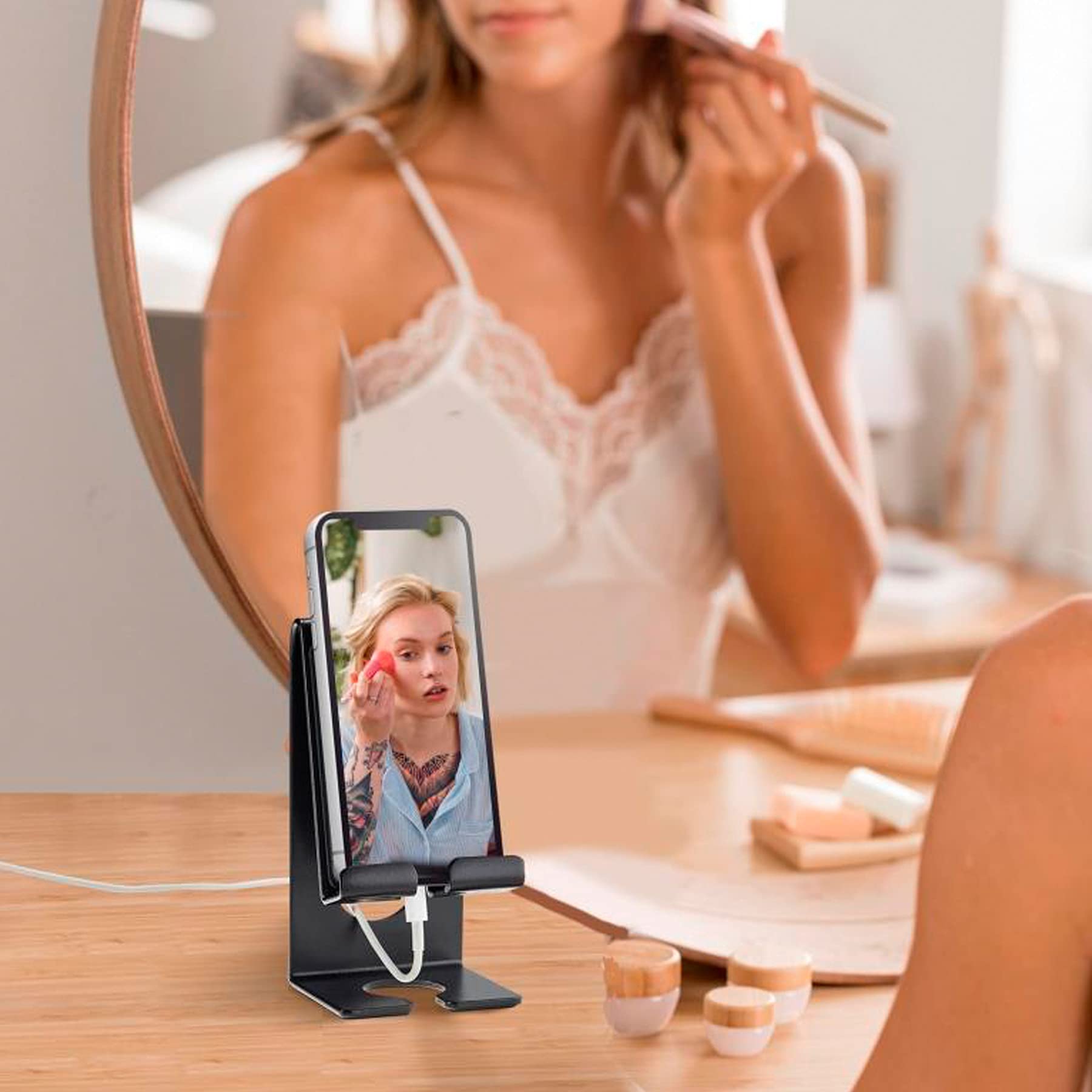 Acrimet Heavy Duty Metal Phone Stand - Adjustable Desk & Wall Mount Holder with Charging Dock for iPhone, Samsung & All Smartphones (Black) - Perfect for Home, Office & Travel Use