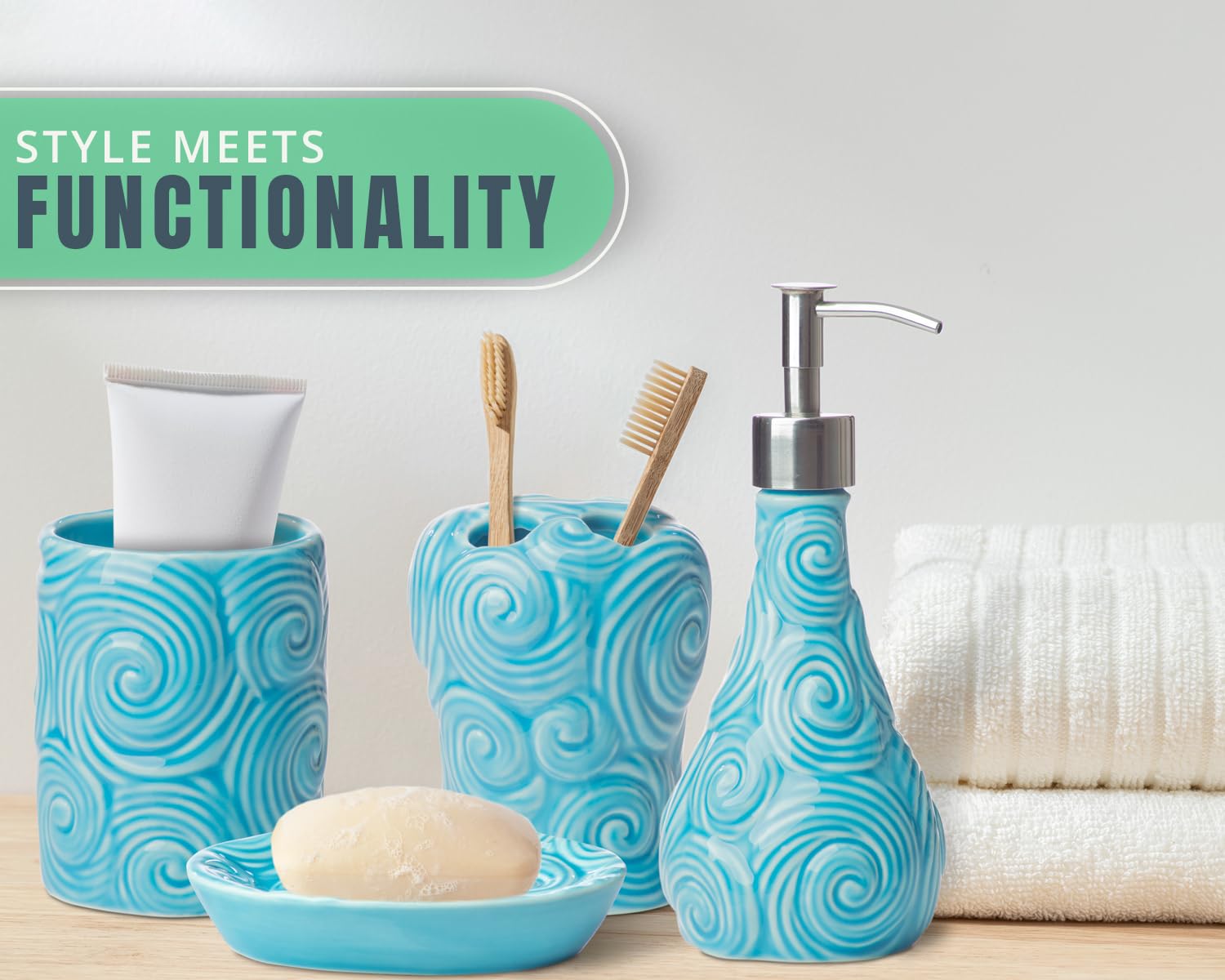 Luxury 4-Piece Bathroom Set - Porcelain Soap Dispenser, Toothbrush Holder, Tumbler & Soap Dish - Glossy Aqua Blue Ocean Waves Design - 15.6oz Capacity - Perfect for Bathroom Organization & Spa-Like Decor