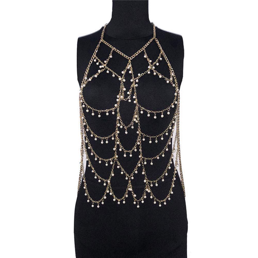 JIN YU MAN TANG Pearl Body Chain - Elegant Pearl Chest Jewelry for Women, Sexy Bikini Accessory, Fashionable Layering Piece for Beach Parties, Date Nights & Boudoir Photography