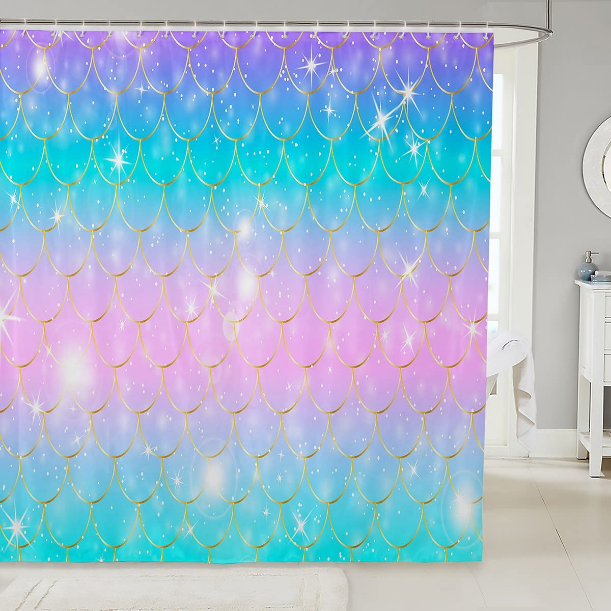 Luxury Mermaid Scale Shower Curtain - Waterproof Glitter Bathroom Decor in Pink, Purple & Blue | 72x78 Inches with 12 Hooks | Perfect for Beach-Themed Bathrooms & Ocean Lovers' Home Decor