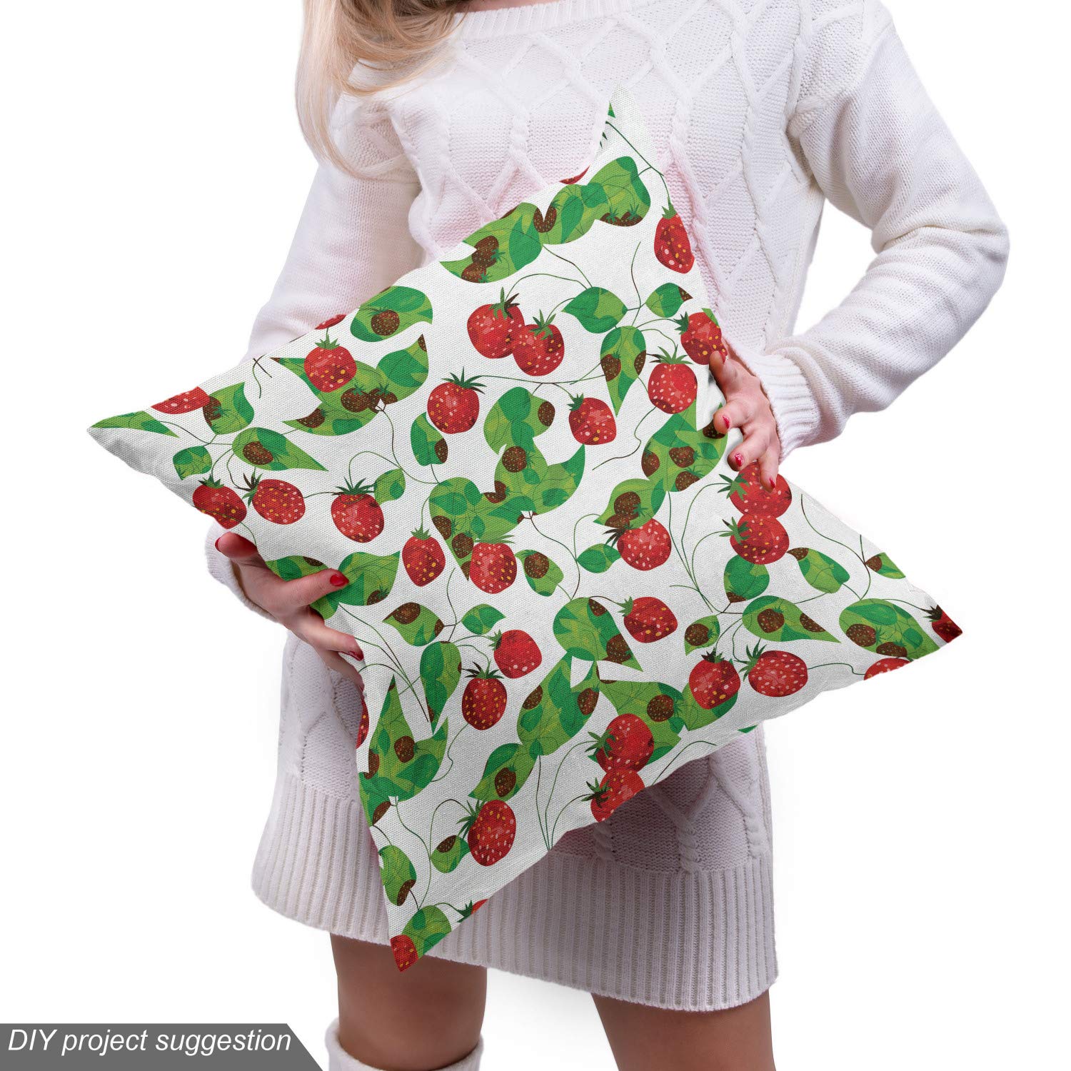 Ambesonne Fruits Fabric by The Yard - Strawberry Branch Garden Leaf Nature Print Upholstery Fabric (10 Yards, Red Fern Green White) | Summer Home Decor, DIY Curtains, Pillow Covers & Craft Projects