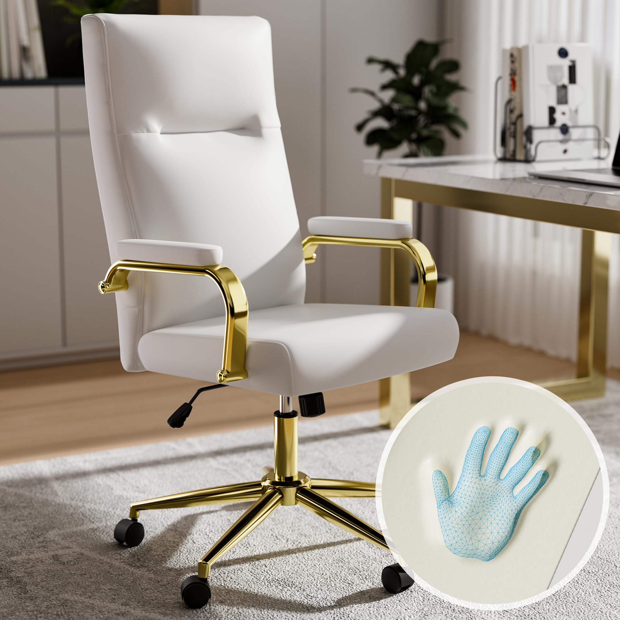 MUZII White PU Leather Executive Office Chair with Arms & High Back Support - 360° Swivel Ergonomic Desk Chair for Big & Tall Professionals - Perfect for Conference Rooms, Home Offices & Workspaces