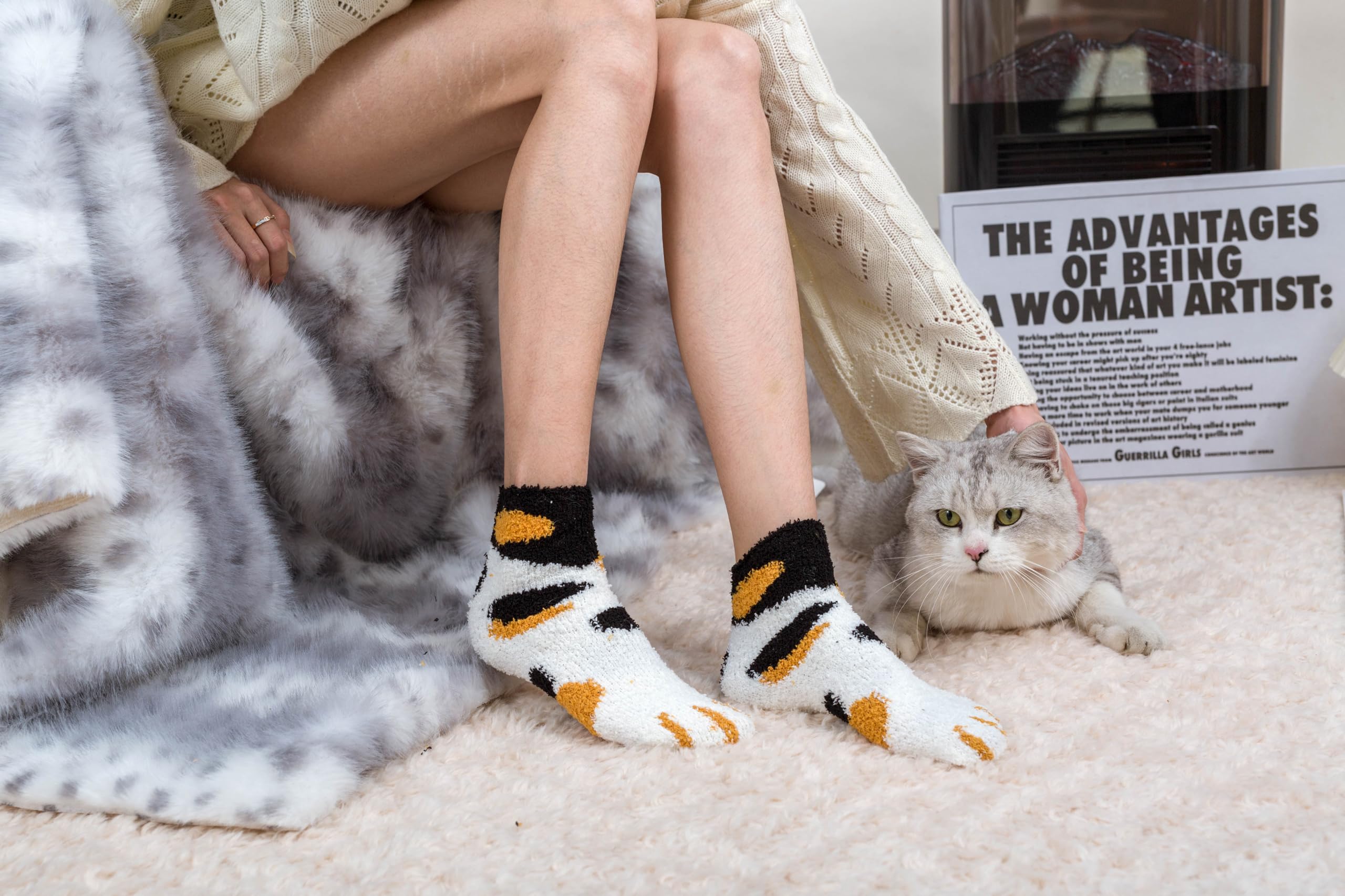 Warm Fuzzy Socks for Women - Cozy Winter Cat Paw Slipper Socks with Non-Slip Grip | Soft Fluffy House Socks with Gift Box | Perfect for Lounge, Sleep & Cold Weather