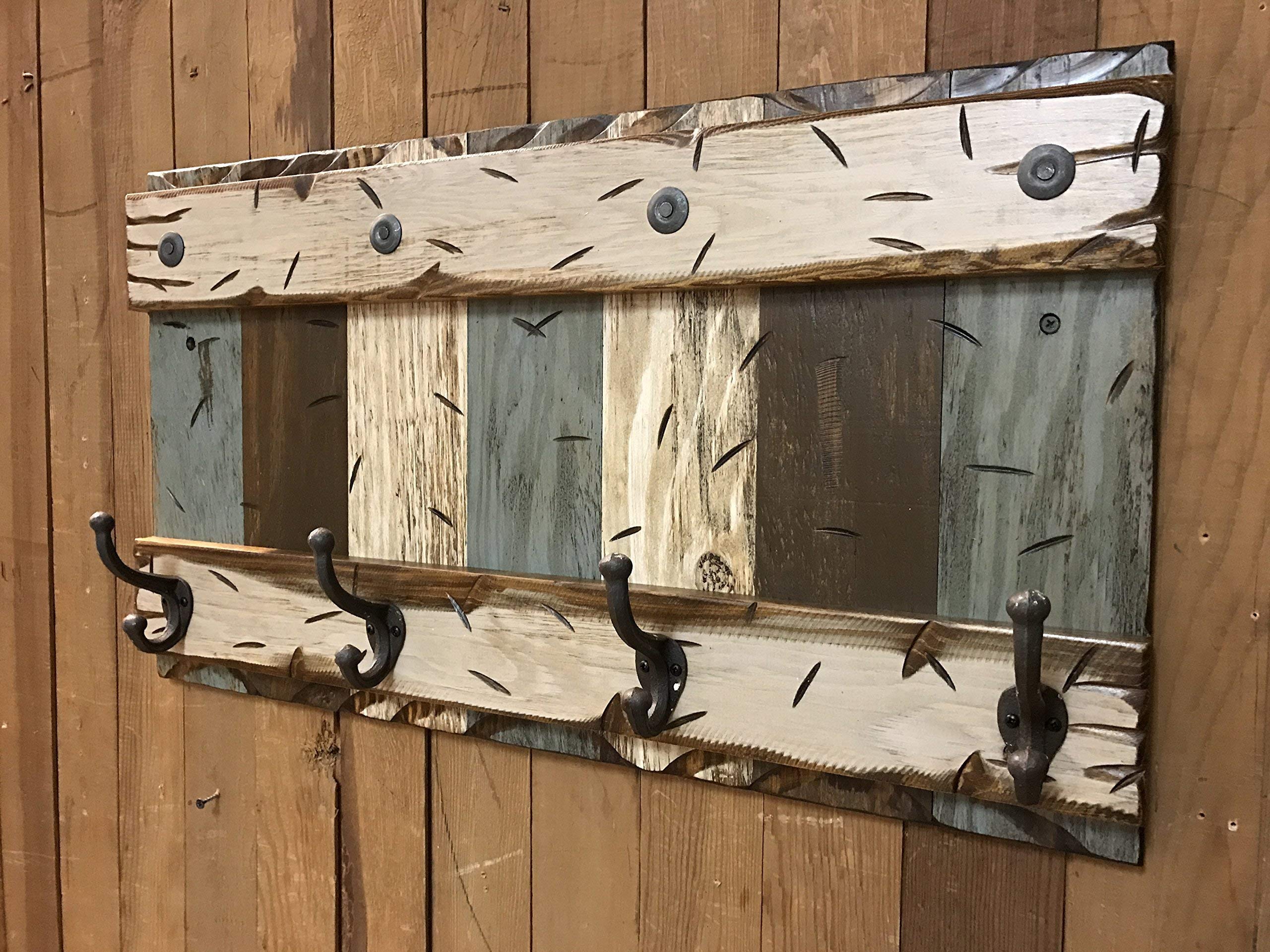 Rustic Distressed Wood Coat Rack with 4 Metal Hooks - 28