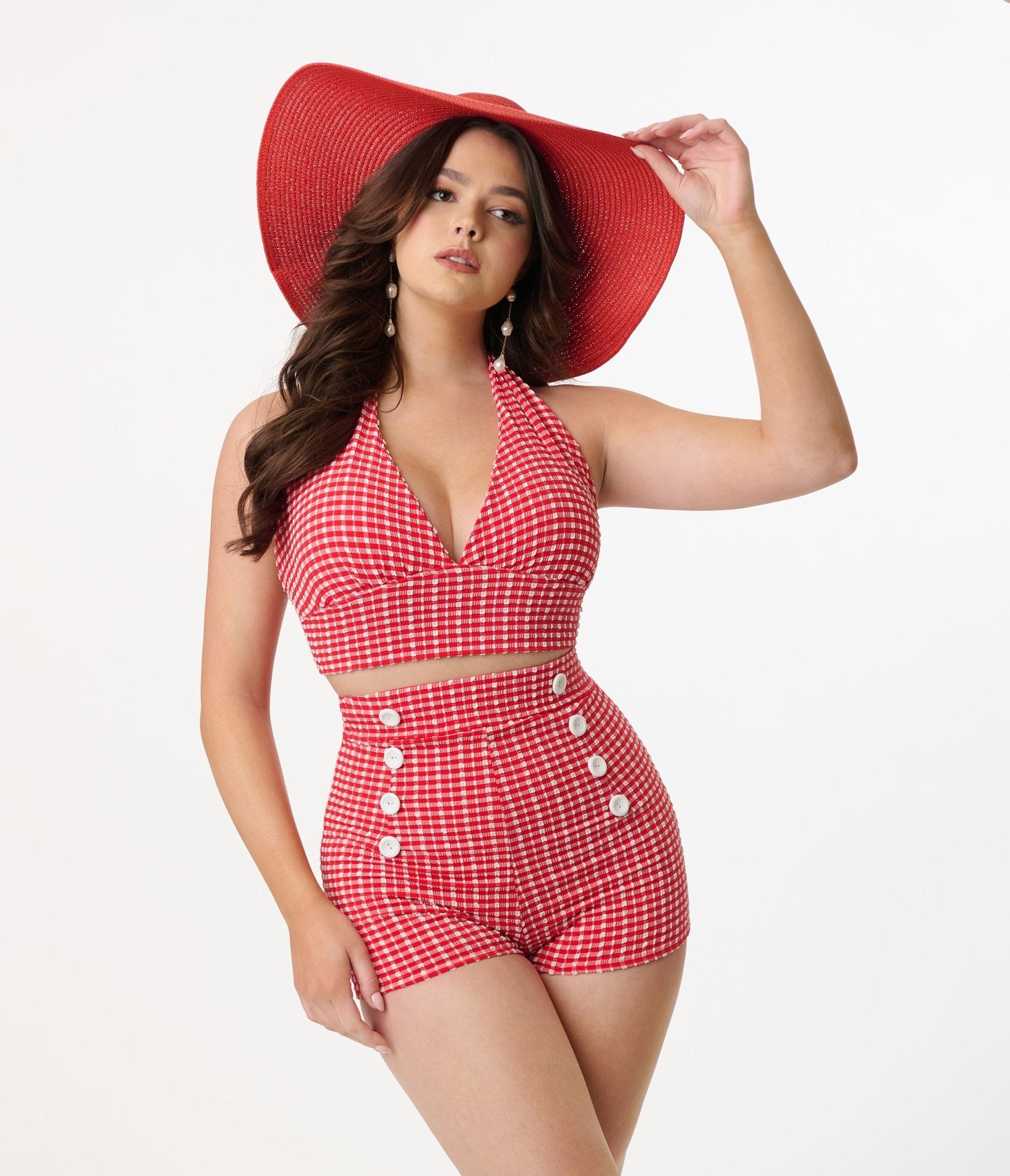 Vintage 1960s Red & White Gingham Halter Swim Top - Retro Pinup Style Bathing Suit for Women | Perfect for Beach, Pool Parties & Summer Vacations
