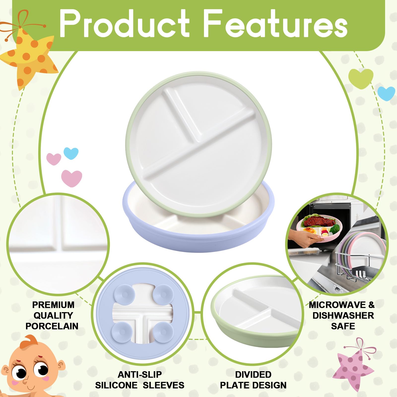 Domensi 2-Pack 8 Inch Divided Porcelain Plates for Kids with Anti-Slip Silicone Sleeve & Suction Base - Microwave & Dishwasher Safe - Blue & Green - Perfect for Toddler Meals, Snacks & Learning to Eat Independently