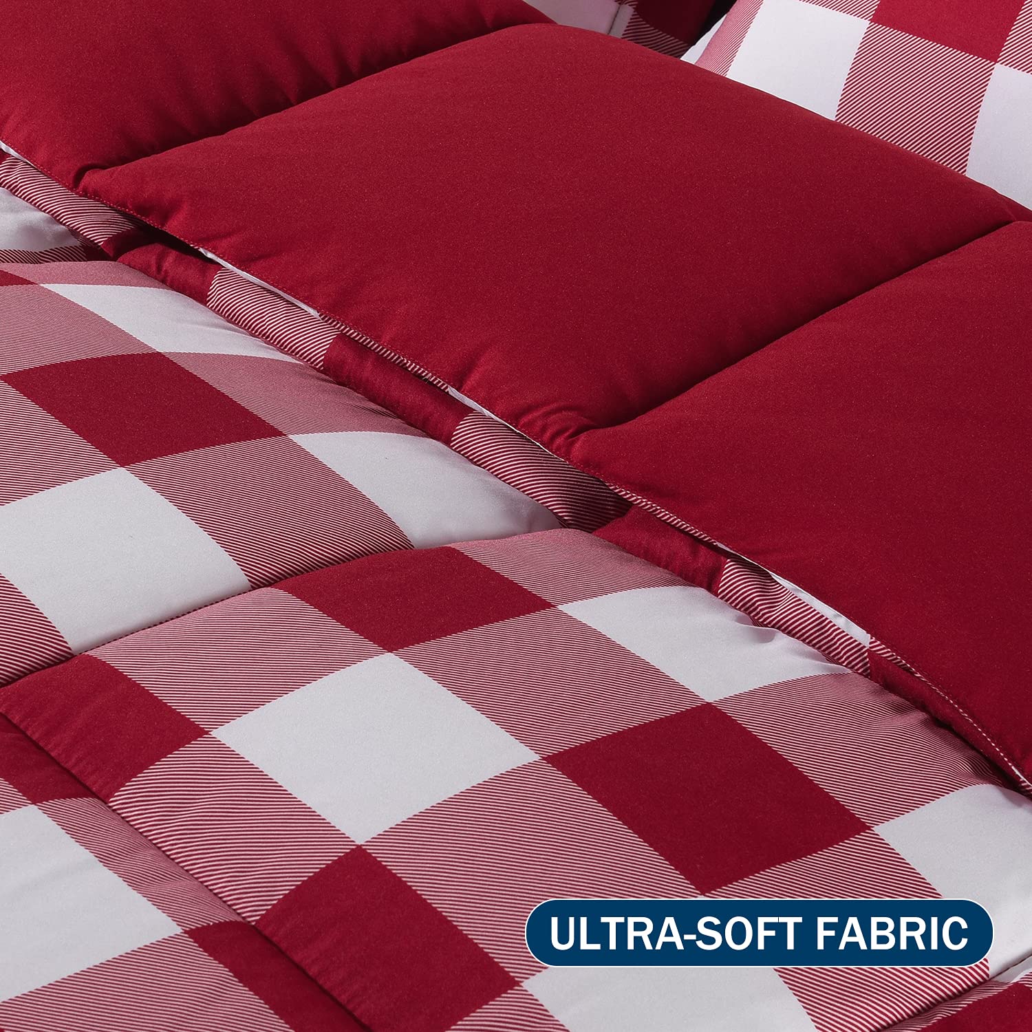 Downluxe Lightweight Plaid Comforter Set Queen Size - 3-Piece Reversible Down Alternative Bedding with 2 Pillow Shams - Red & White Checkered Design for Cozy Bedroom Decor