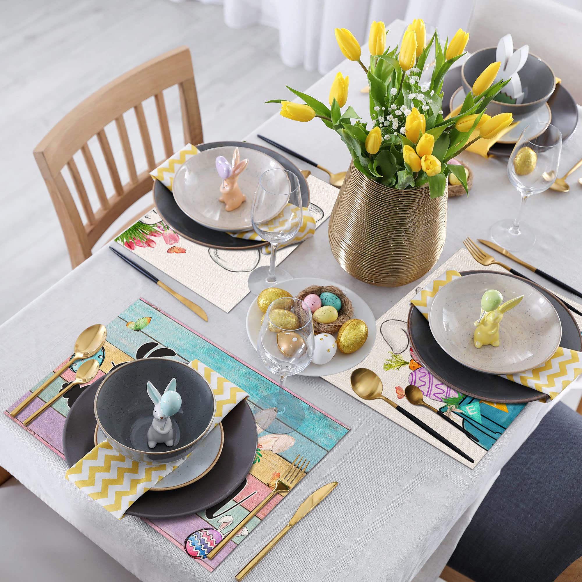 Easter Bunny Placemats Set of 6 - 12x18 Inch Rabbit Pattern Table Mats for Dining - Waterproof Easter Table Decor for Spring Parties, Holiday Dinner & Home Decoration