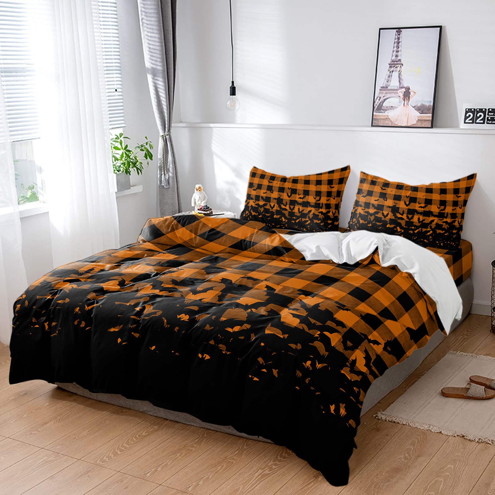 4-Piece Halloween Duvet Cover Set - Vintage Orange Buffalo Gingham King Size with Bat Print & Pillow Shams | Spooky Bedroom Decor for Halloween Party, Haunted House Theme, and Gothic Home Styling