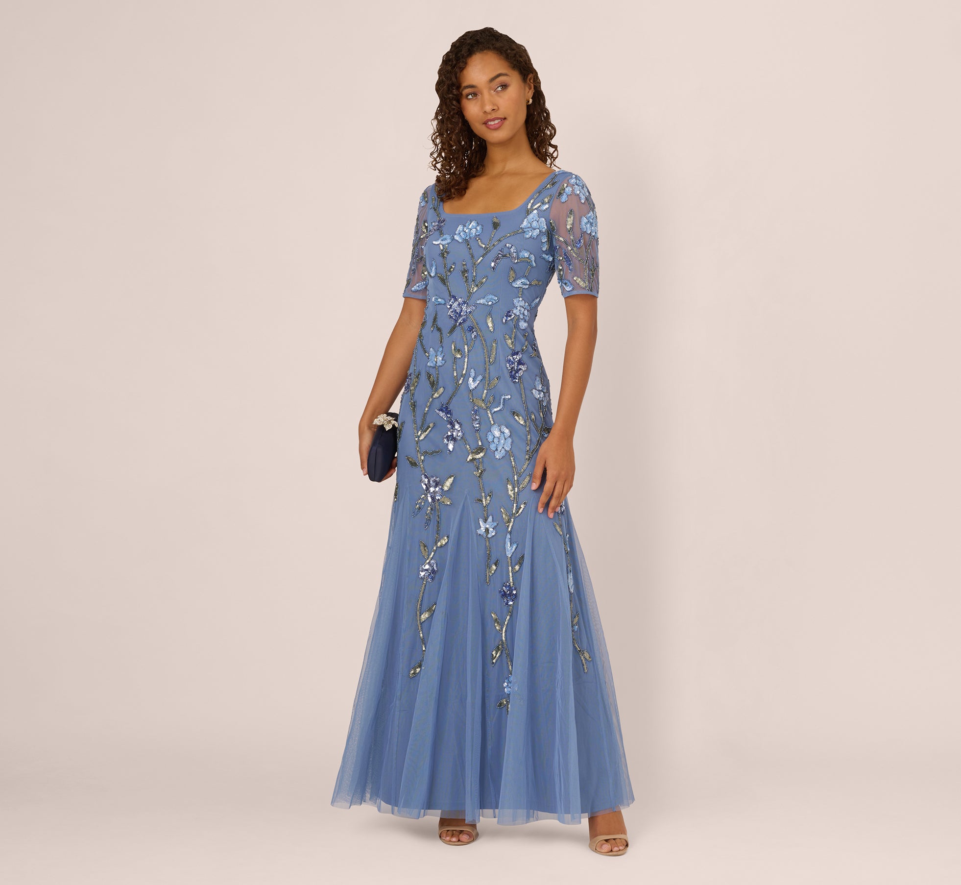 Elegant Square Neck Short Sleeve Beaded Godet Gown in French Blue - Perfect for Evening Parties, Weddings & Special Occasions