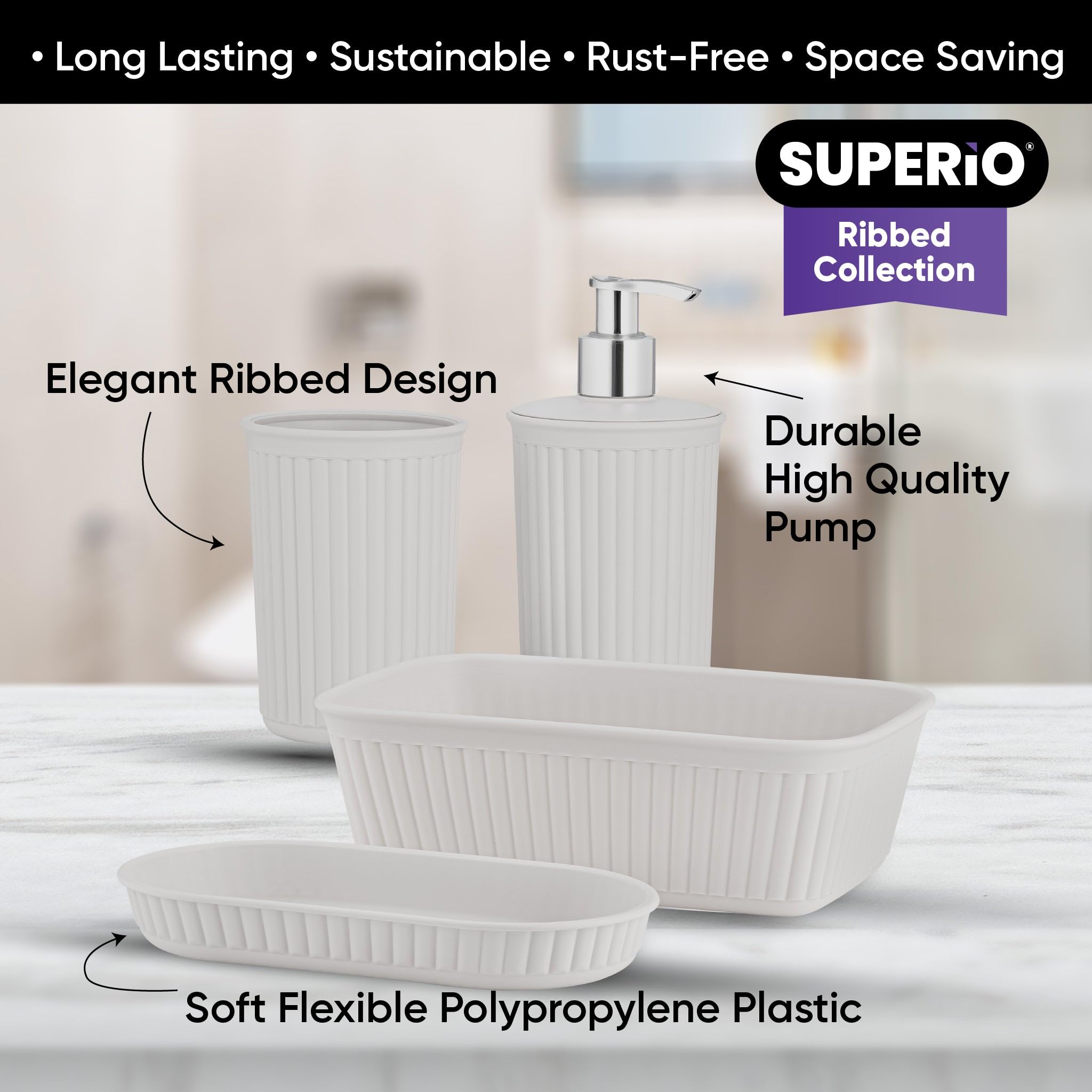 Superio Ribbed Collection - 4-Piece White Smoke Plastic Bathroom Accessories Set with Soap Dish, Liquid Dispenser, Toothbrush Holder & Vanity Tray - Modern Bathroom Decor for Home, Apartment or Guest Bathroom Organization