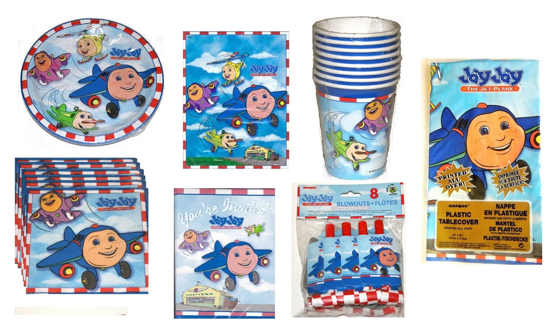 Jay Jay the Jet Plane Birthday Party Supplies Bundle - 24 Plates, 16 Cups, 20 Napkins, 12 Blowouts, 10 Invitations, 8 Loot Bags & Table Cover - Complete Kids Aviation Theme Party Decorations for Boys & Girls Birthday Celebration