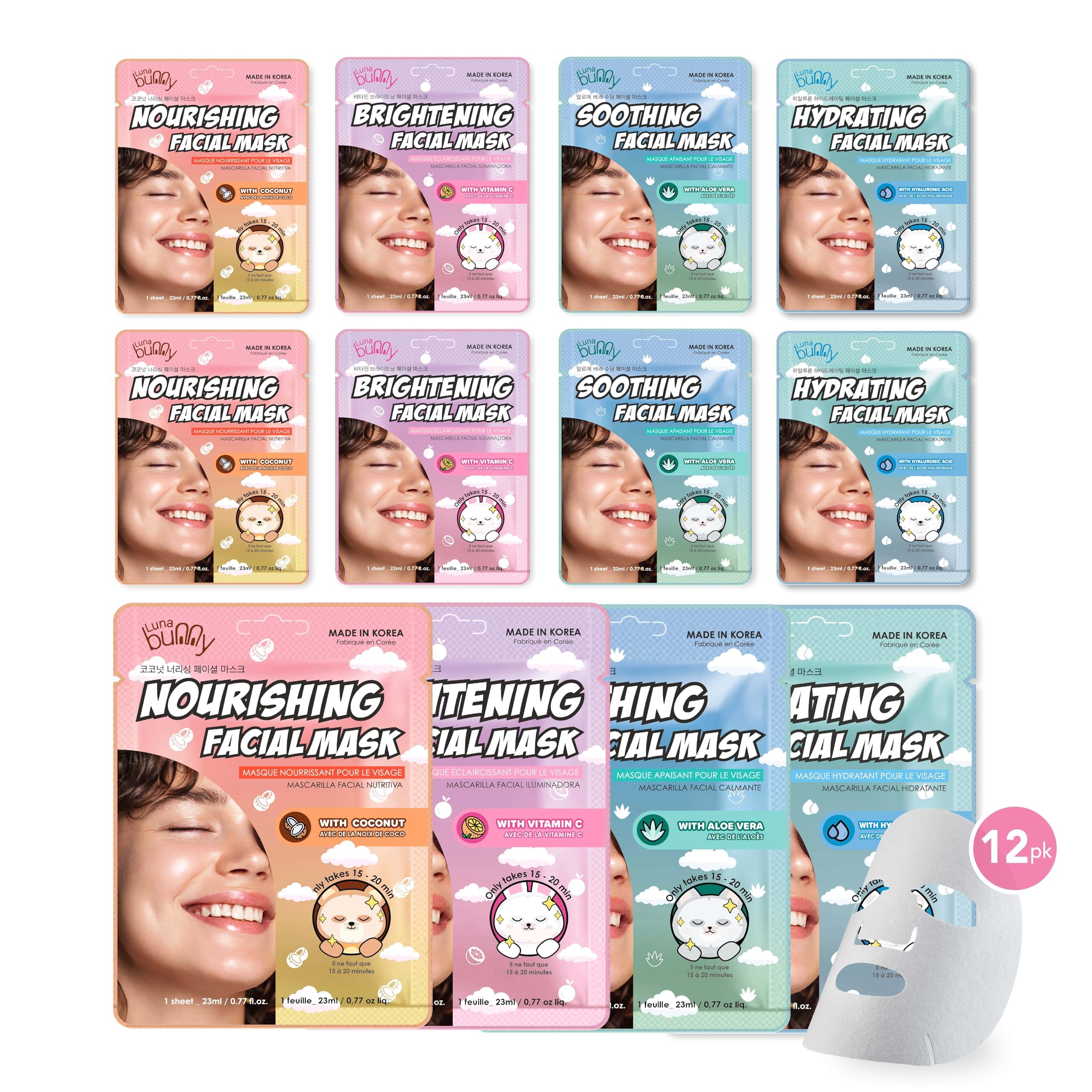 Luna Bunny 12-Pack Korean Facial Sheet Masks Set - Brightening, Nourishing & Hydrating Skincare with Aloe, Coconut, Vitamin & Hyaluronic Acid - Perfect for Self Care, Home Spa & Gift Giving