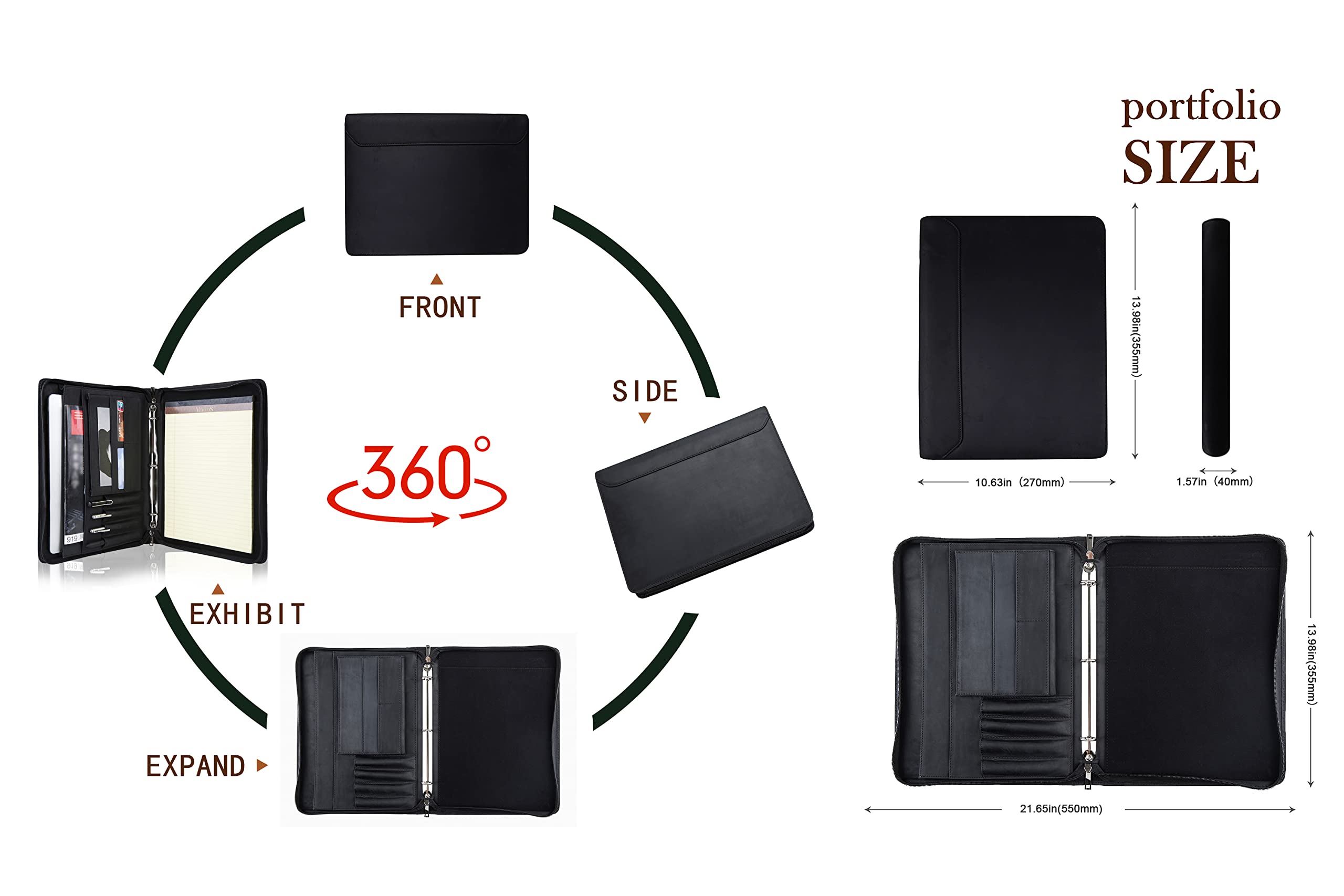 **Personalized Leather Portfolio for Men - Custom Engraved Name, Genuine Leather 3-Ring Binder Organizer with A4 Writing Pad - Handmade Business Gift for Professionals, Executives & Graduates (Black) - Perfect for Meetings, Presentations & Corporate Gifts**