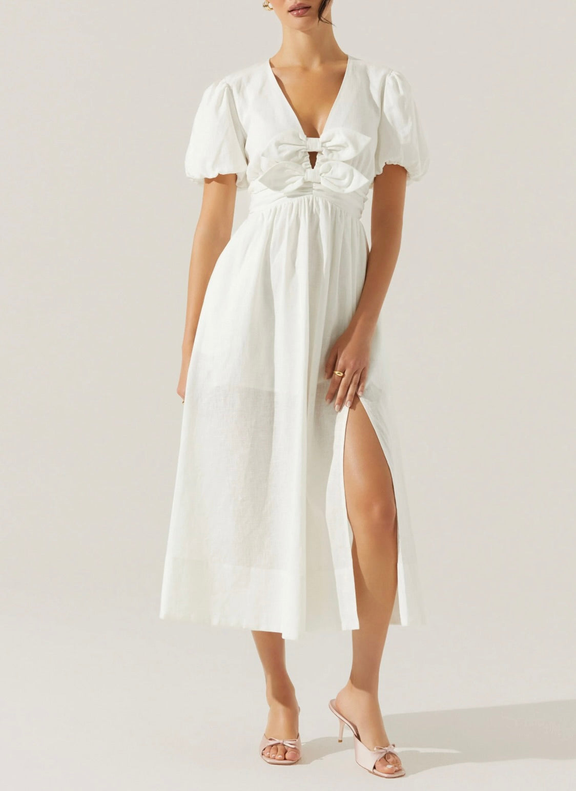 Elegant Citrine Linen Bow Front Midi Dress for Women - Summer Casual & Wedding Guest Outfit - Perfect for Beach Vacations, Garden Parties & Date Nights