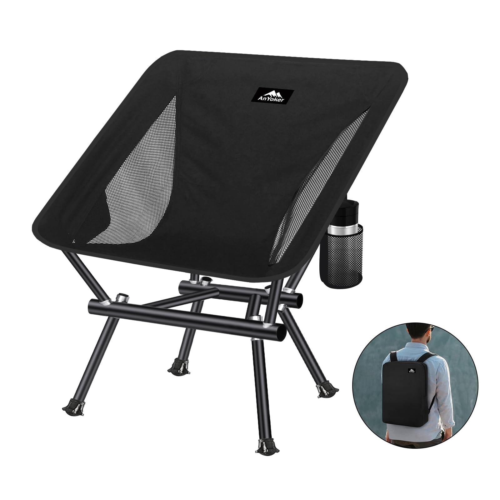 AnYoker Portable Folding Camping Chair - Lightweight Outdoor Beach Lawn Chair with Backpack Carry Bag for Hiking, Picnics, Travel & Backyard (Black) - Perfect for Camping, Beach Trips, Tailgating & Outdoor Events