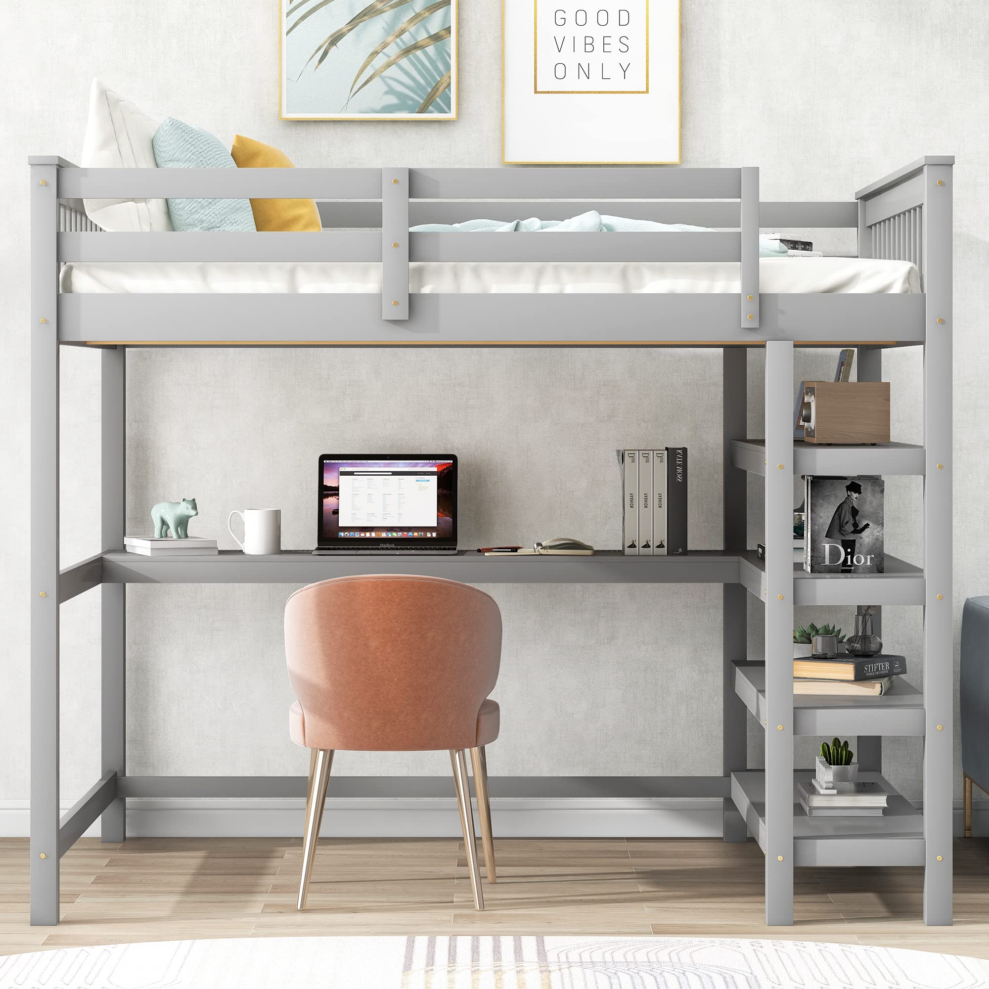 Bellemave Full Size Loft Bed with Desk & Storage Shelves - Solid Wood Loft Bed Frame for Teens & Adults - Space-Saving Bedroom Furniture (Gray) - Perfect for Small Rooms, Dorms & Apartments