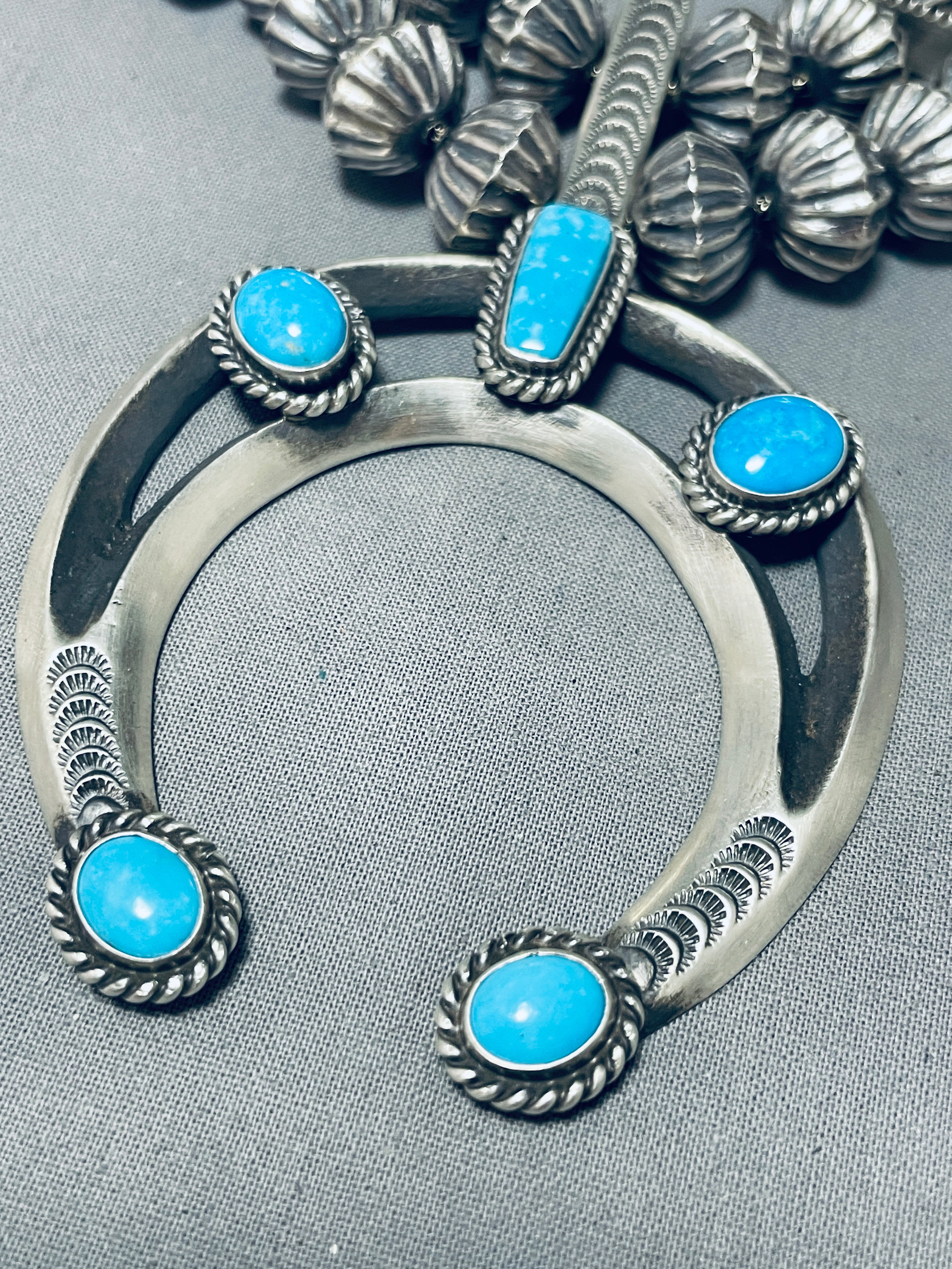 Authentic 301 Gram Navajo Hogan Bead Turquoise Sterling Silver Squash Blossom Necklace - Handmade Native American Jewelry for Women, Perfect for Weddings, Festivals & Boho Fashion
