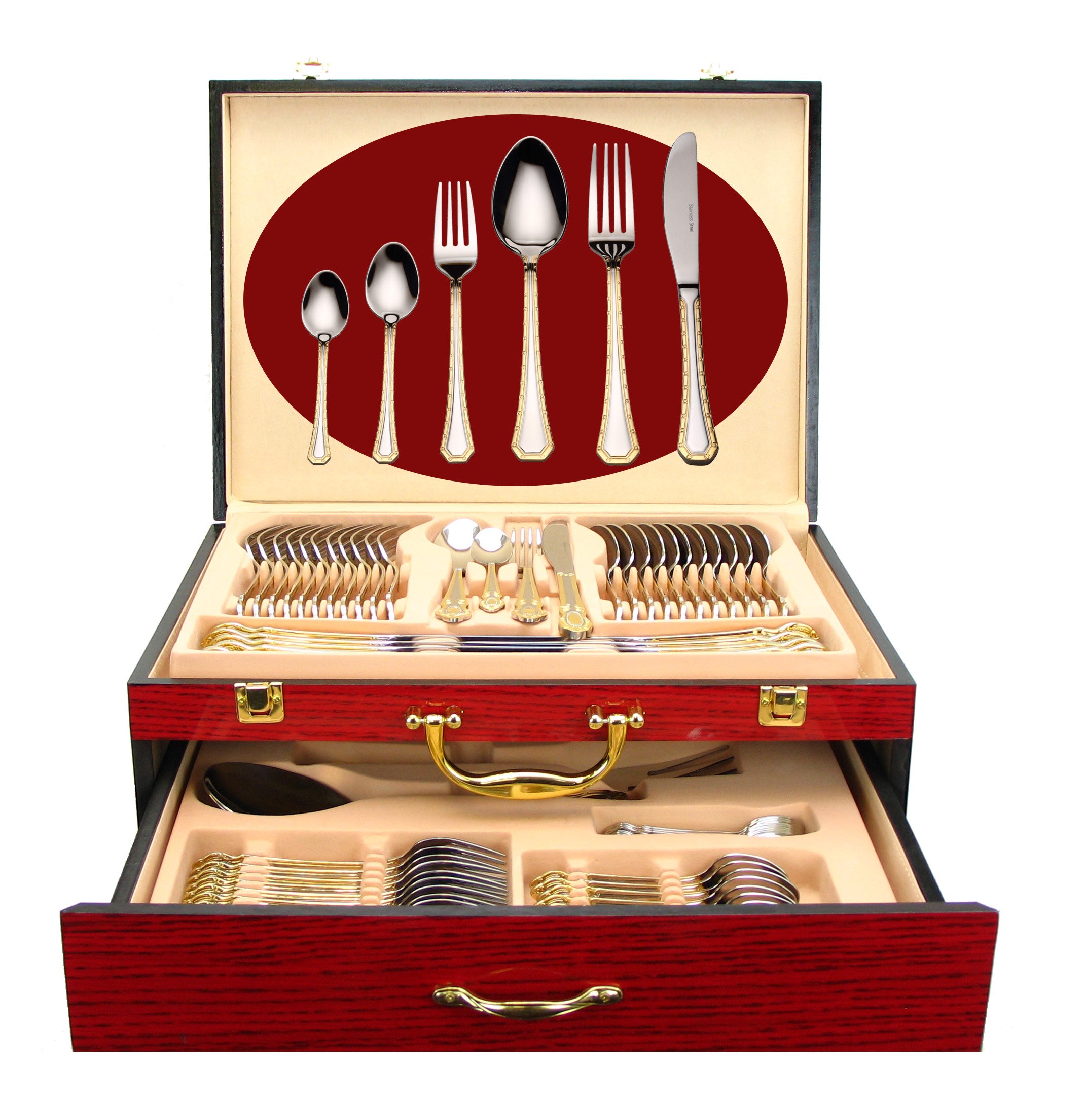 Venezia Collection 75-Piece Luxury Flatware Set for 12 - 24K Gold Plated 18/10 Stainless Steel Silverware with Storage Case - Elegant Dining Cutlery Set for Formal Dinners, Weddings & Hostess Gifting