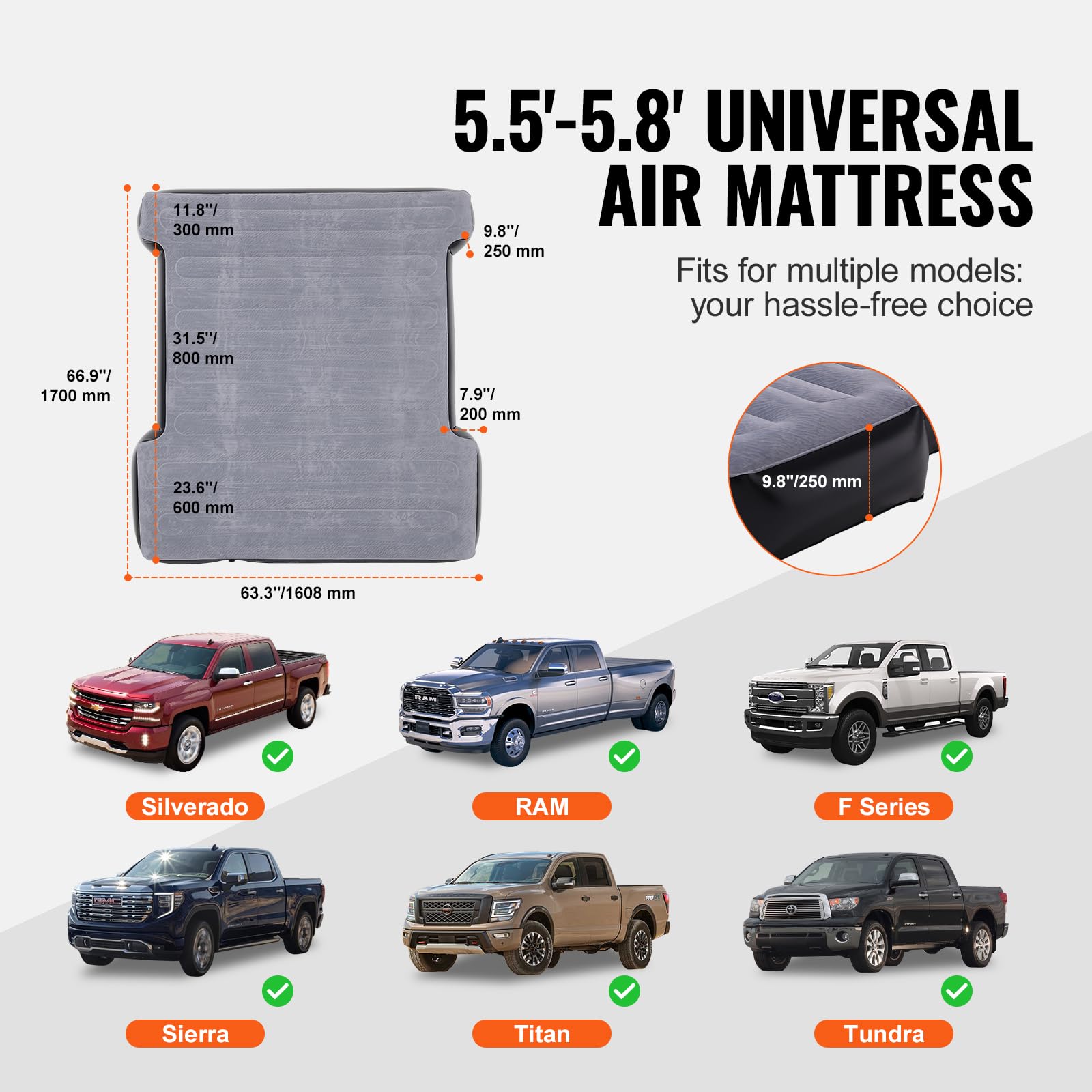 VEVOR Truck Bed Air Mattress for 5.5-5.8 ft Short Truck Beds - Inflatable Camping Mattress with 12V Air Pump, 2 Pillows & Carry Bag | Fits Silverado, RAM, F150, Sierra, Titan, Tundra | Perfect for Road Trips, Camping & Outdoor Adventures