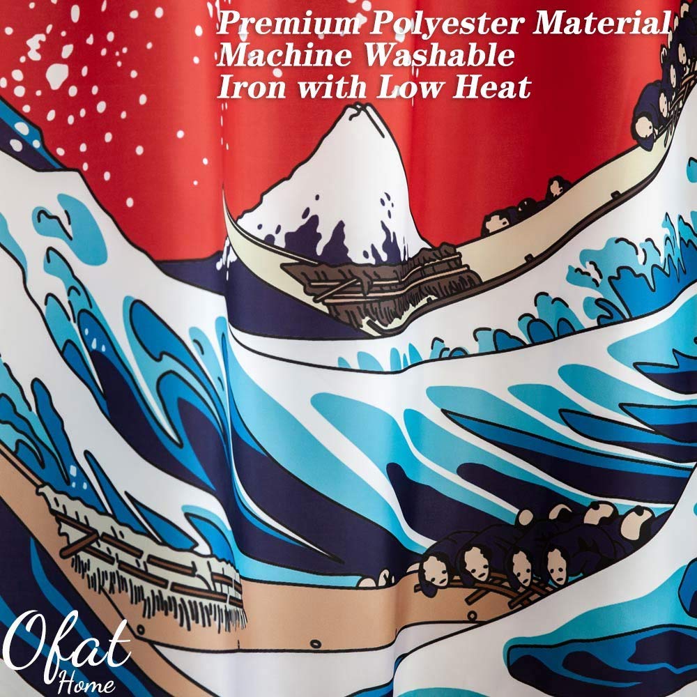 Ofat Home The Great Wave Off Kanagawa Shower Curtain Set with Hooks - Japanese Hokusai Painting Bathroom Decor (Red & Blue, 72x72 Inch, 150GSM) - Perfect for Coastal, Nautical or Japandi Style Bathrooms