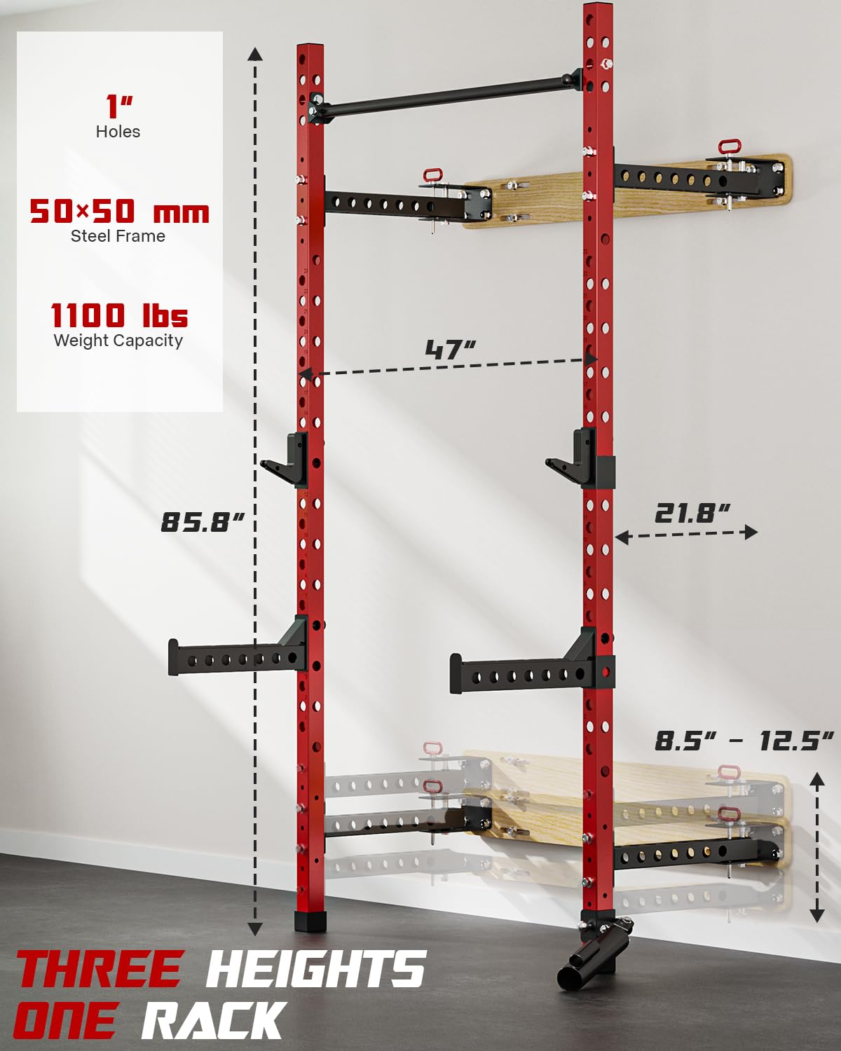 Foldable Wall Mounted Squat Rack - 1100 LBS Capacity Power Rack with Pull Up Bar, J Hooks, Landmine & Spotter Arms | Multi-Functional Home Gym Equipment for Strength Training | Space Saving Design for Small Home Workouts | Perfect for CrossFit, Weightlifting & Full-Body Exercises