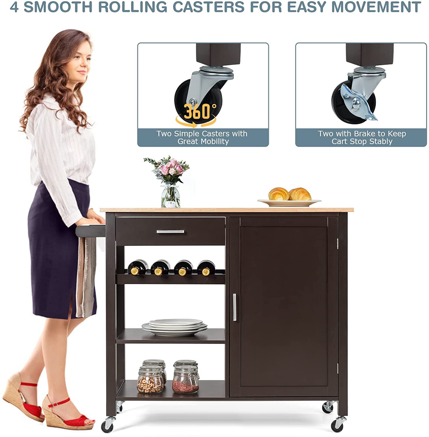 Hysache Kitchen Island Cart with Adjustable Shelves, Lockable Wheels & Wine Rack - Multi-Functional Rolling Storage Cabinet for Kitchen, Dining Room & Bar - Wooden Mobile Trolley in Brown/White (HW66112) - Perfect for Small Spaces, Entertaining & Extra Counter Space