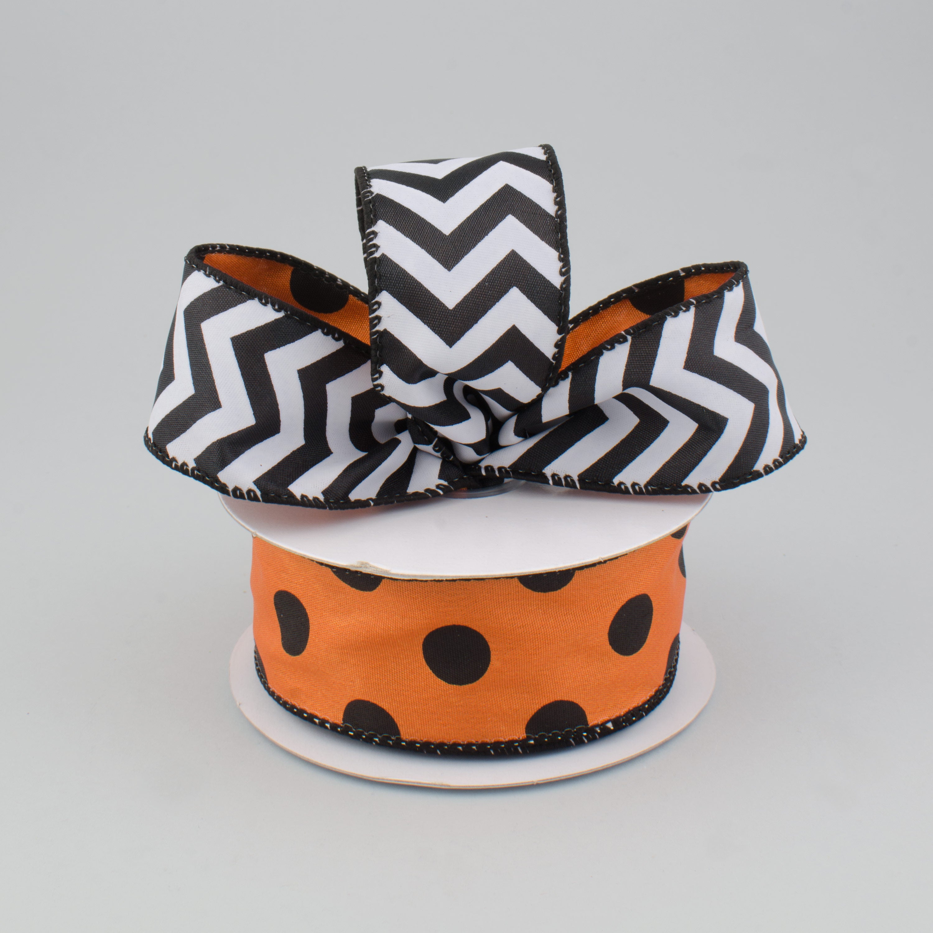 1.5 Inch Double Sided Halloween Chevron Polka Dot Ribbon - Orange, Black & White (10 Yards) - Perfect for Gift Wrapping, DIY Crafts & Party Decorations