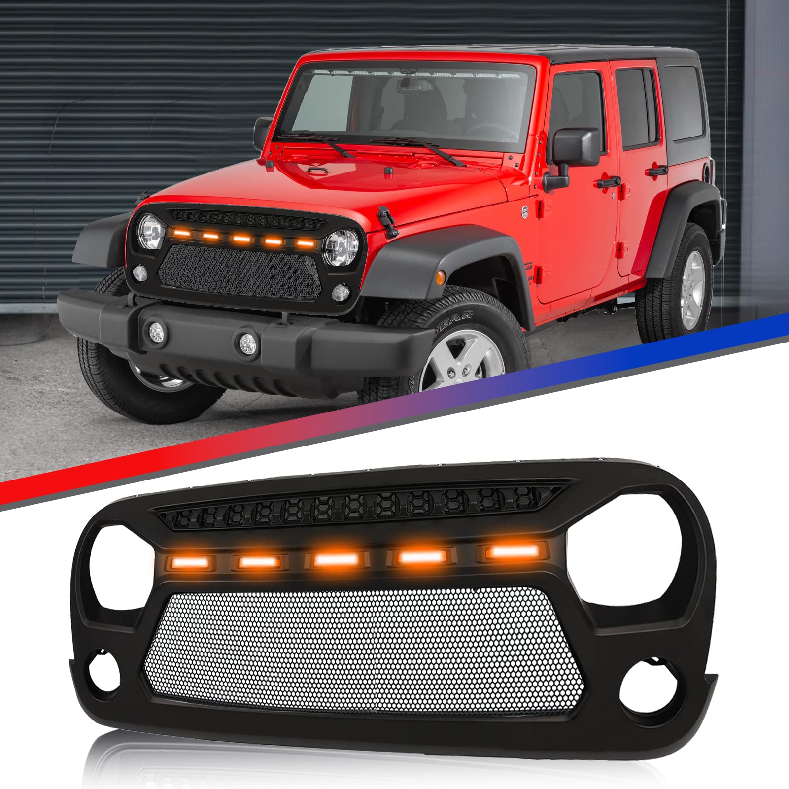 Kintop Honeycomb Front Grill for Jeep Wrangler JK & JKU (2007-2018) - Matte Black Replacement Grille with Amber LED Lights & Mesh Inserts | Fits Rubicon, Sahara, Sport Models | Off-Road & Daily Driving Upgrade