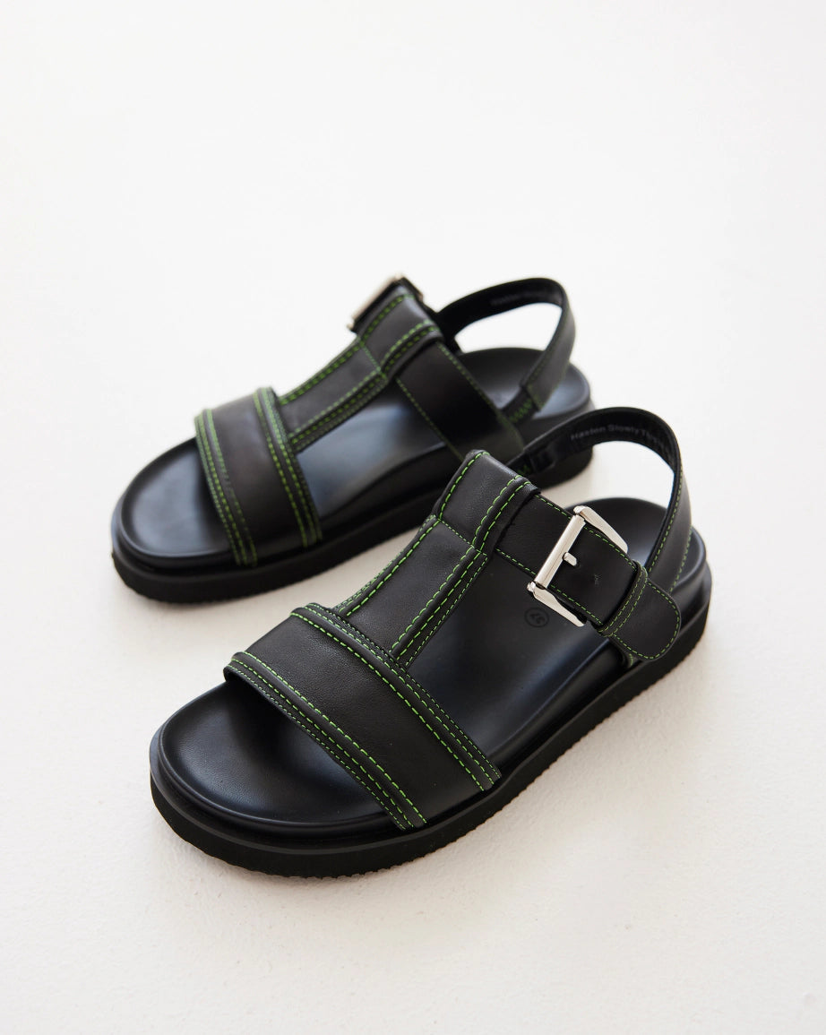 Visby T Bar Sandal - Black Leather Women's Sandals with Green Topstitch | Comfortable Summer Casual Shoes for Walking, Beach & Outdoor Activities