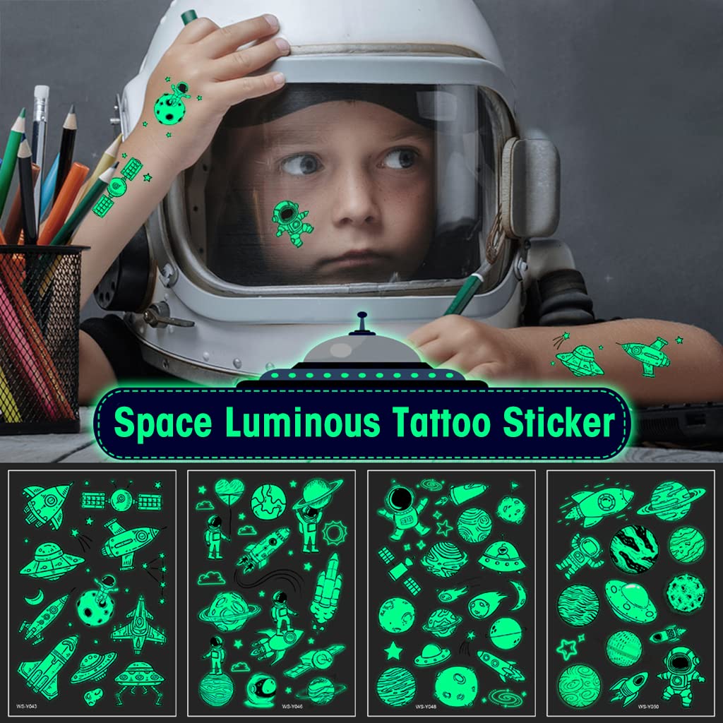 MAYCREATE® 10-Piece Glow in the Dark Kids Temporary Tattoos - Space Theme Cartoon Waterproof Stickers for Boys & Girls - Perfect for Birthday Parties, Halloween Costumes, Sleepovers & Group Activities