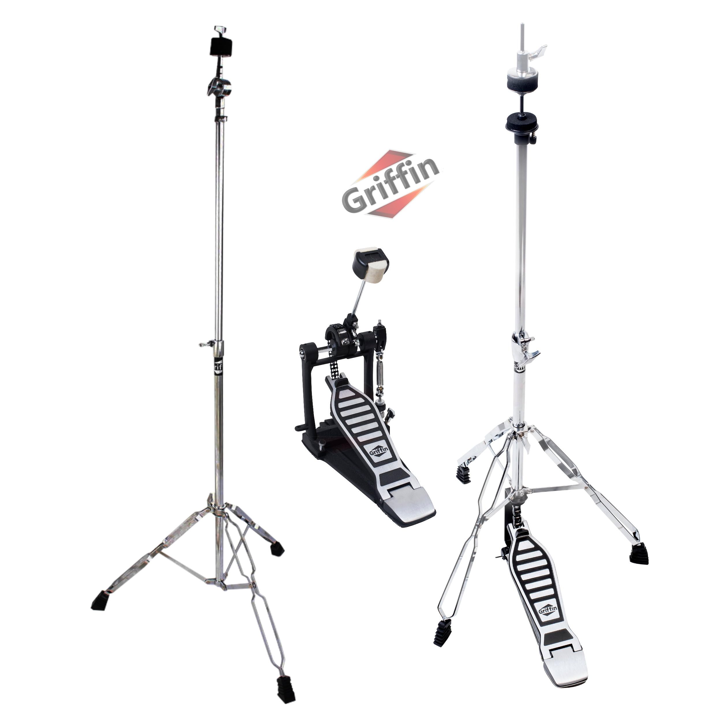 3-Pack Drum Hardware Kit - Hi-Hat Stand, Kick Drum Pedal & Straight Cymbal Stand | Full Size Chrome Percussion Set by GRIFFIN | Lightweight & Portable for Drummers | Perfect for Live Gigs, Studio Recording & Practice Sessions