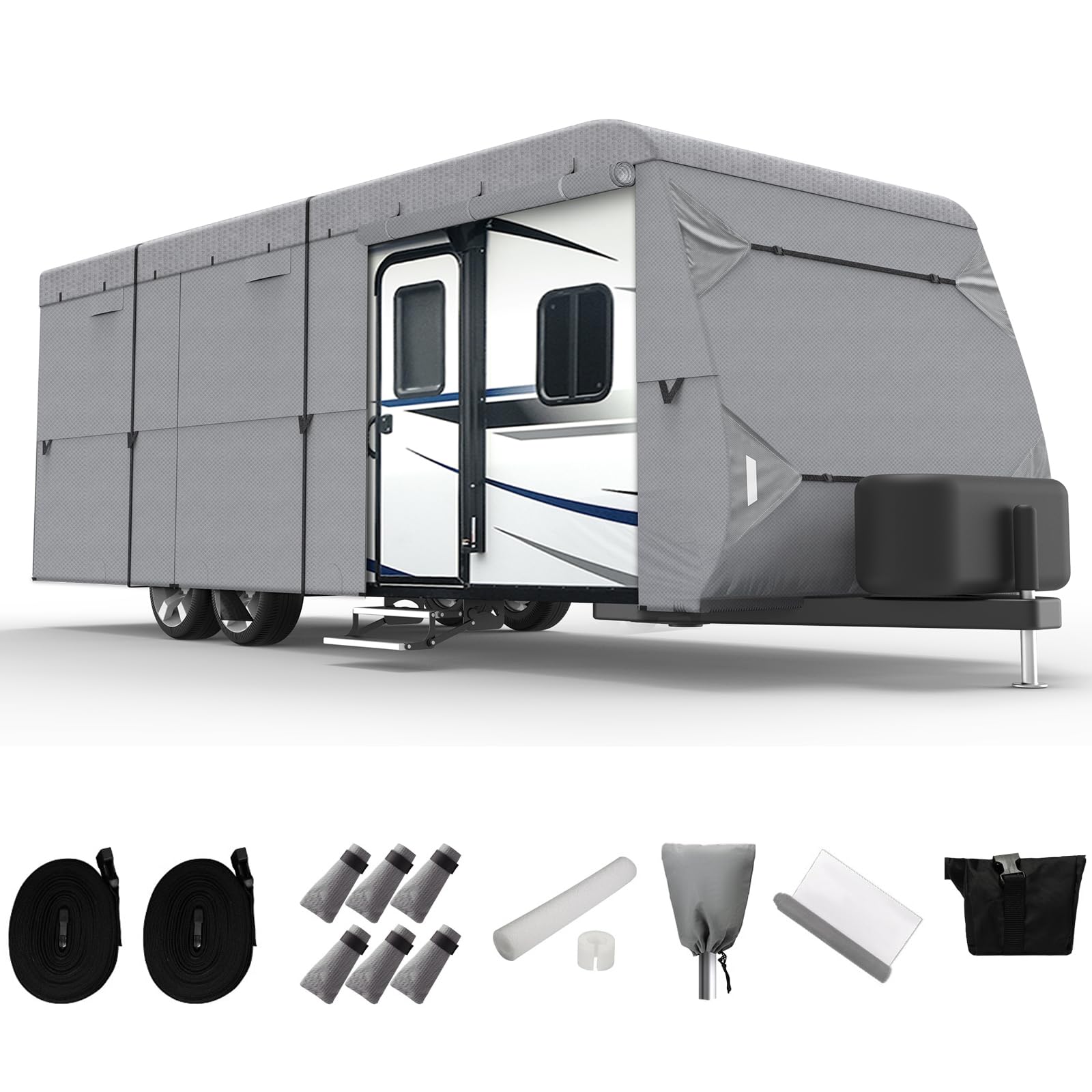 XGear Heavy-Duty 27'-30' RV Cover - 5-Layer Windproof & UV-Protected Travel Trailer Cover with Rip-Stop Fabric & 2 Extra Straps | Perfect for Outdoor Storage, Winter Protection, and Long-Term Travel