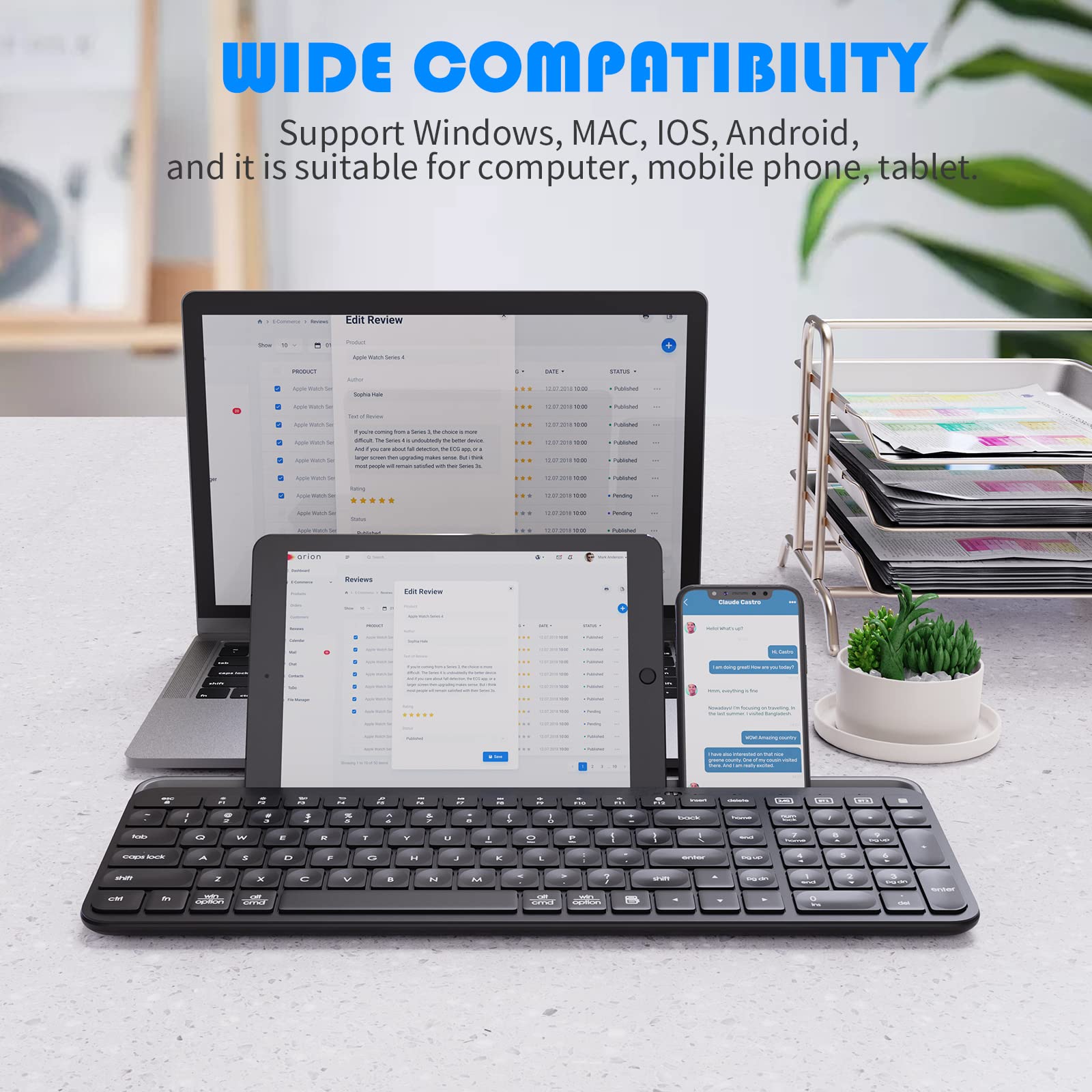 HUOJI Wireless Bluetooth Keyboard with 2.4G Dual Mode - Compatible with iPad, iPhone, Android, Windows PC, MacBook & Smart TV - Seamless 3-Device Switching - Perfect for Home Office, Gaming & Remote Work (Black)