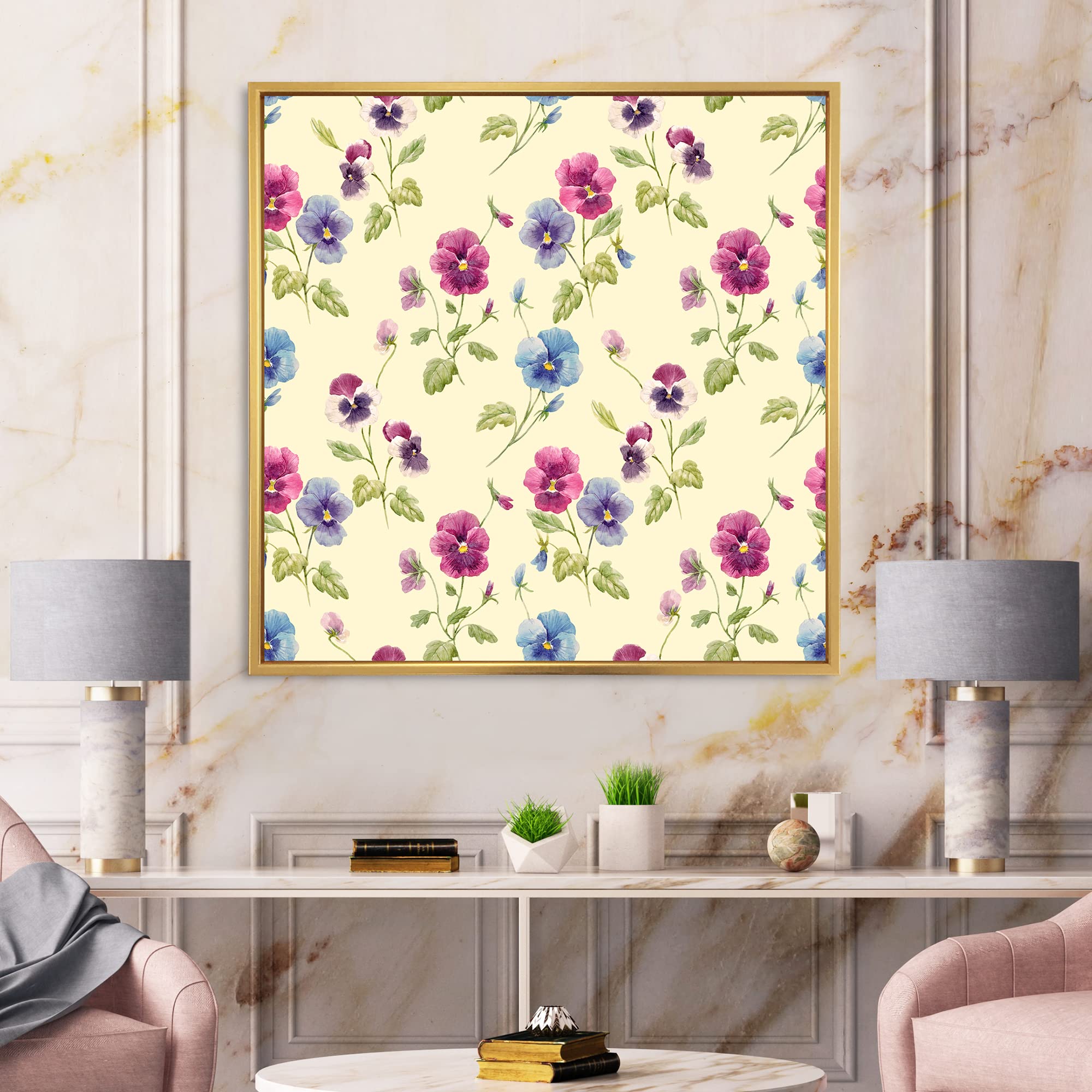 DesignQ Pink and Blue Pansy Flowers Framed Canvas Wall Art - Traditional Floral Painting for Living Room, Bedroom & Office Decor