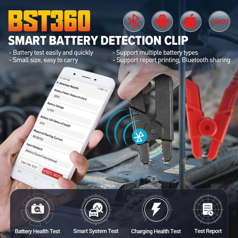 LAUNCH® BST360 Bluetooth Battery Tester for 6V & 12V Vehicles - Diagnose Car, Motorcycle, ATV & Boat Batteries with Wireless Convenience