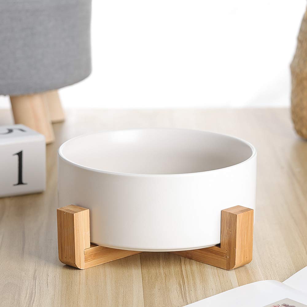 Premium Ceramic Dog Bowl with Non-Slip Wood Stand - 8 Cup Spill-Proof Pet Dish for Large Dogs & Cats - Perfect for Food & Water Feeding at Home or Outdoor Use