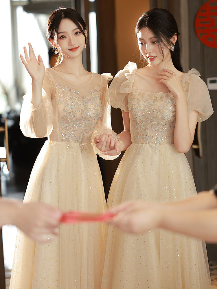 Elegant Champagne A-Line Long Prom Dress - Shiny Formal Party Gown & Bridesmaid Dress for Weddings, Homecoming, Quinceañera & Special Occasions