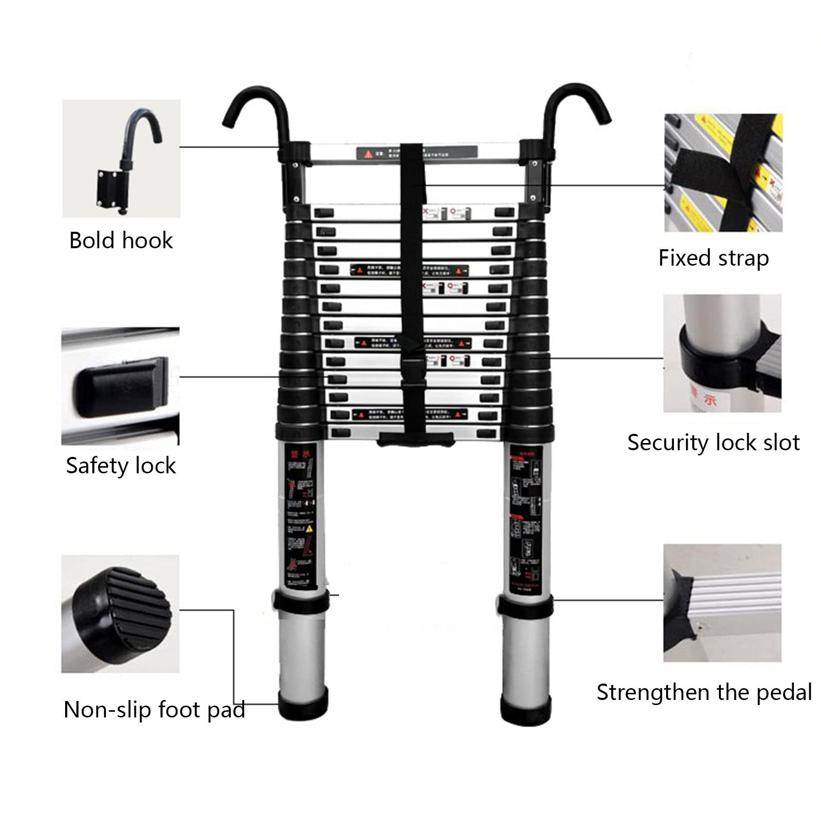 PAIFA 7FT Aluminum Alloy Telescoping Ladder - Heavy Duty Folding Loft Ladder with Safety Hooks for Home, Warehouse & Construction Use (2.0M) | Perfect for Attic Access, Roof Work & Indoor Projects