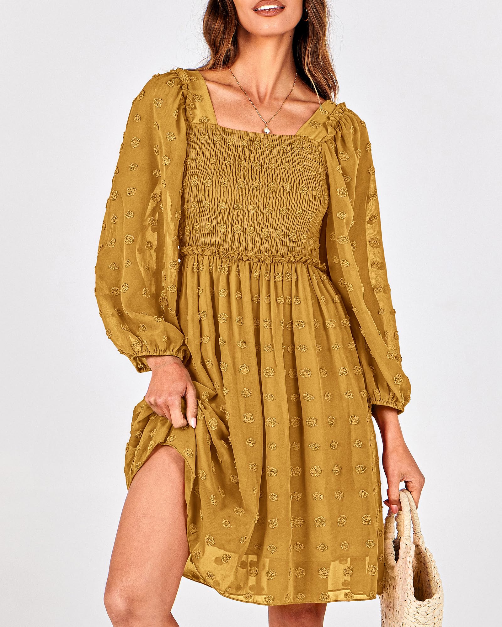 BTFBM Women's Floral Swiss Dot Smocked Mini Dress - Square Neck Long Sleeve Boho Dress for Wedding Guest, Spring & Summer 2025 | Perfect for Garden Parties, Bridal Showers & Date Nights