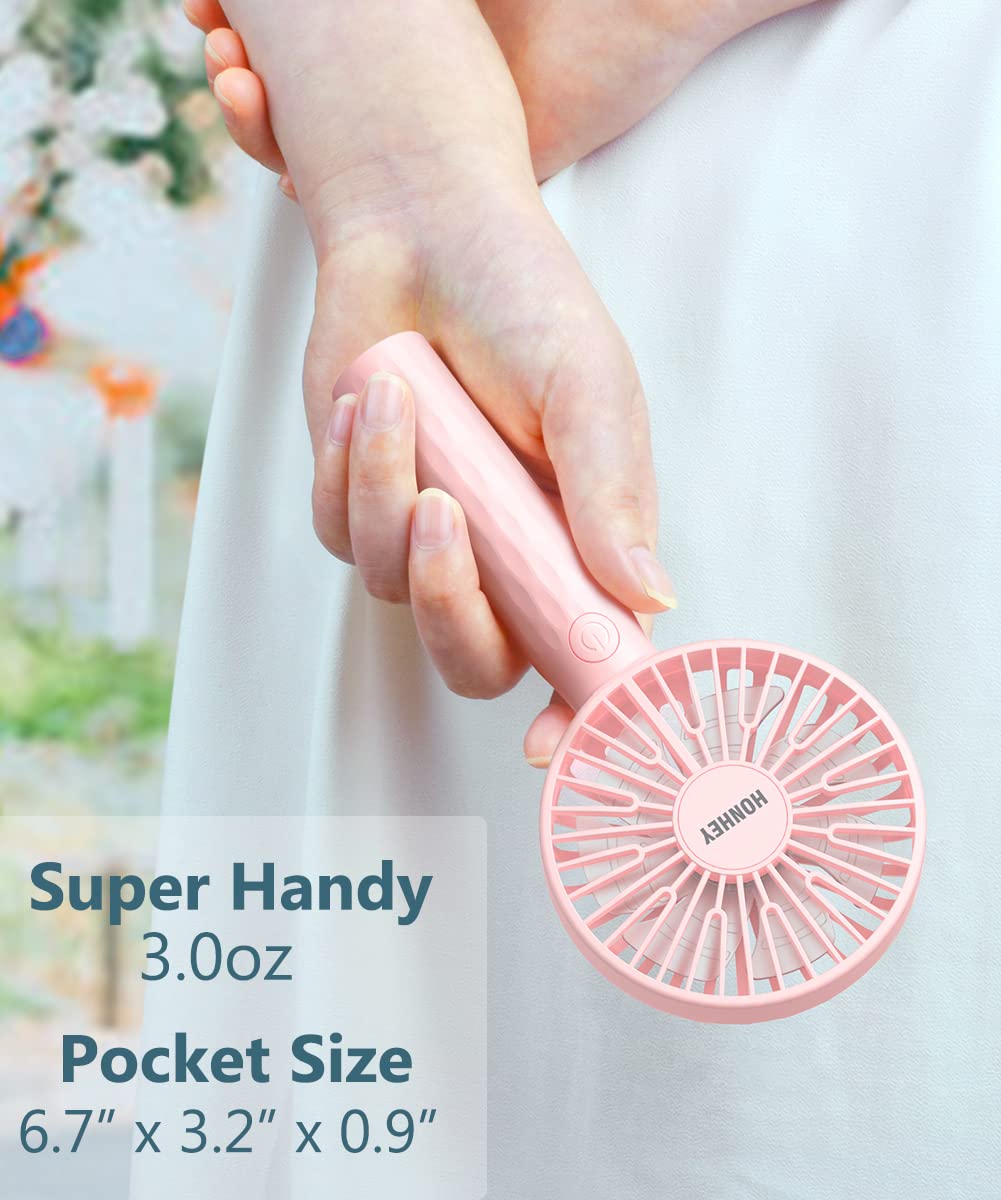 HonHey Mini Handheld Fan - Rechargeable Battery Operated, 3 Speed Adjustable Portable Fan for Women, Girls & Kids - Perfect for Travel, Office, Home & Outdoor Activities (Pink, 1 Pack)