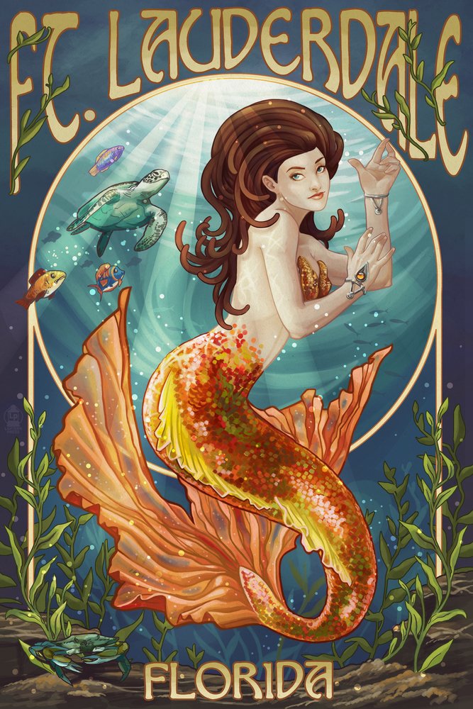 Signed Mermaid Scene 43719 Art Print (24x36) - Florida Coastal Wall Decor, Ft. Lauderdale Beach Poster - Perfect for Beach House, Living Room & Bathroom Decor