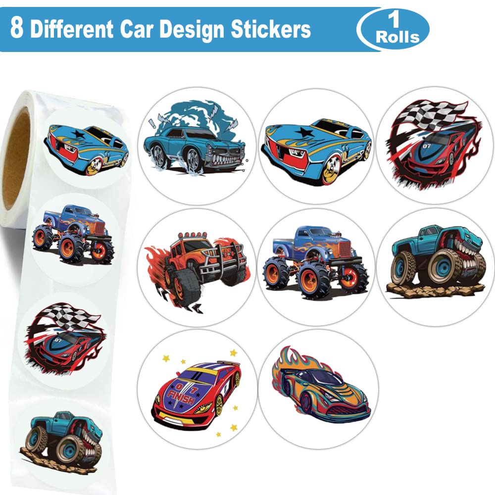 600Pcs Monster Truck & Race Car Stickers for Kids - 1.5 Inch Vinyl Decals for Boys Birthday Party Favors, Classroom Rewards, Scrapbooking & DIY Crafts - Bulk Stickers for Water Bottles, Laptops, Notebooks & Toy Cars