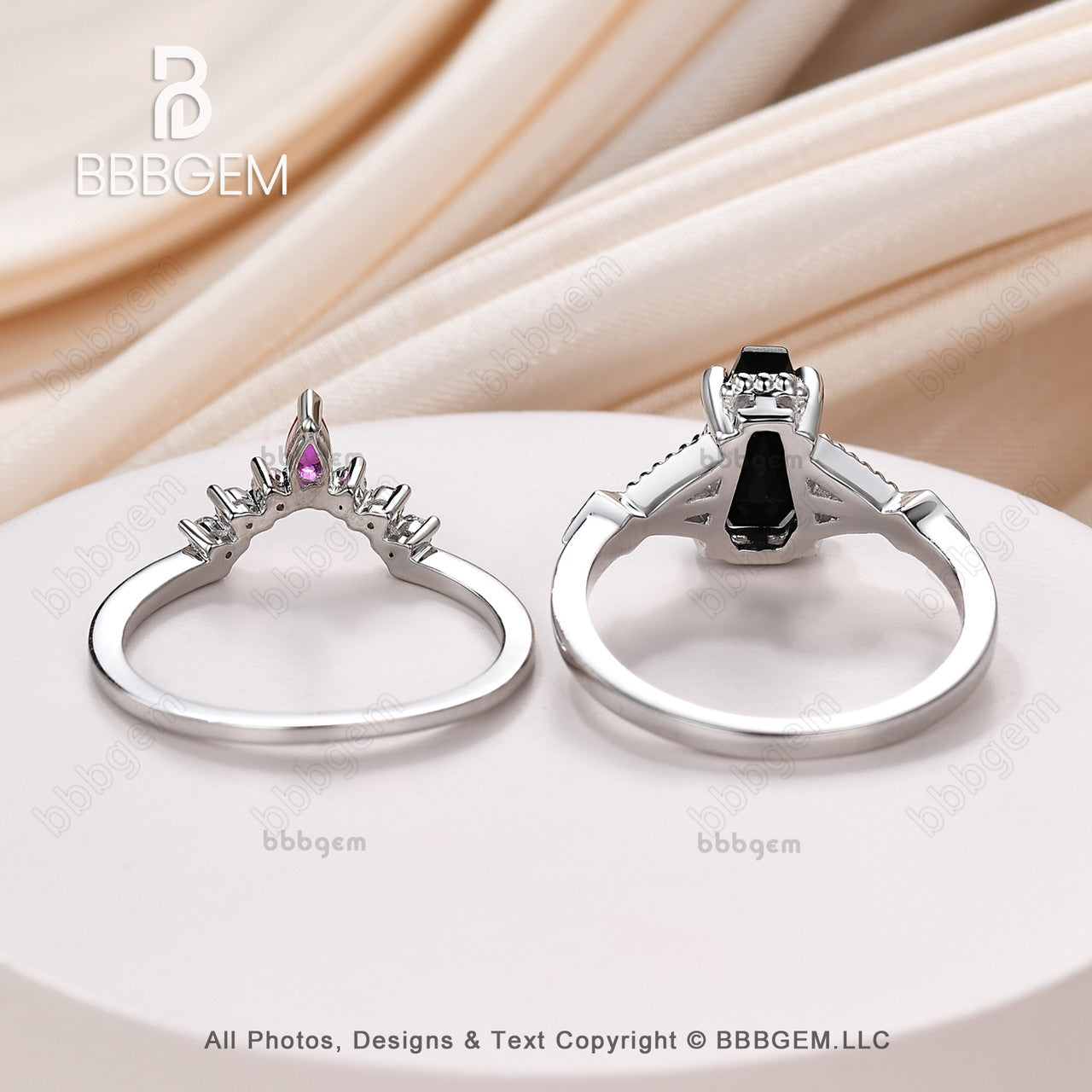 Platinum Black Spinel & Diamond Wedding Ring Set - 9x6mm Coffin Cut Onyx with Lab-Grown Ruby | Elegant Gothic Jewelry for Weddings, Anniversaries & Alternative Fashion