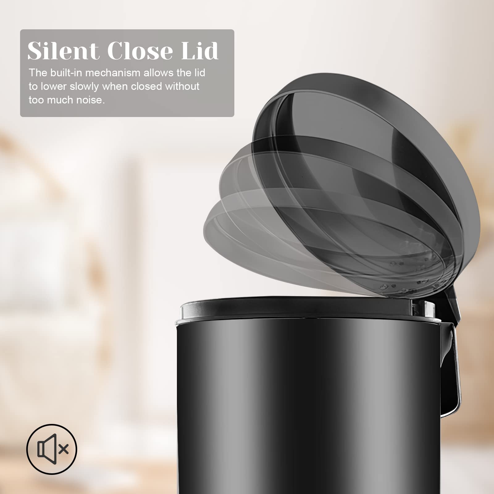 12L Black Stainless Steel Pedal Trash Can with Soft-Closing Lid - Slim Quiet Bathroom & Kitchen Waste Bin for Home, Office, Living Room - Perfect for Small Spaces & Odor Control