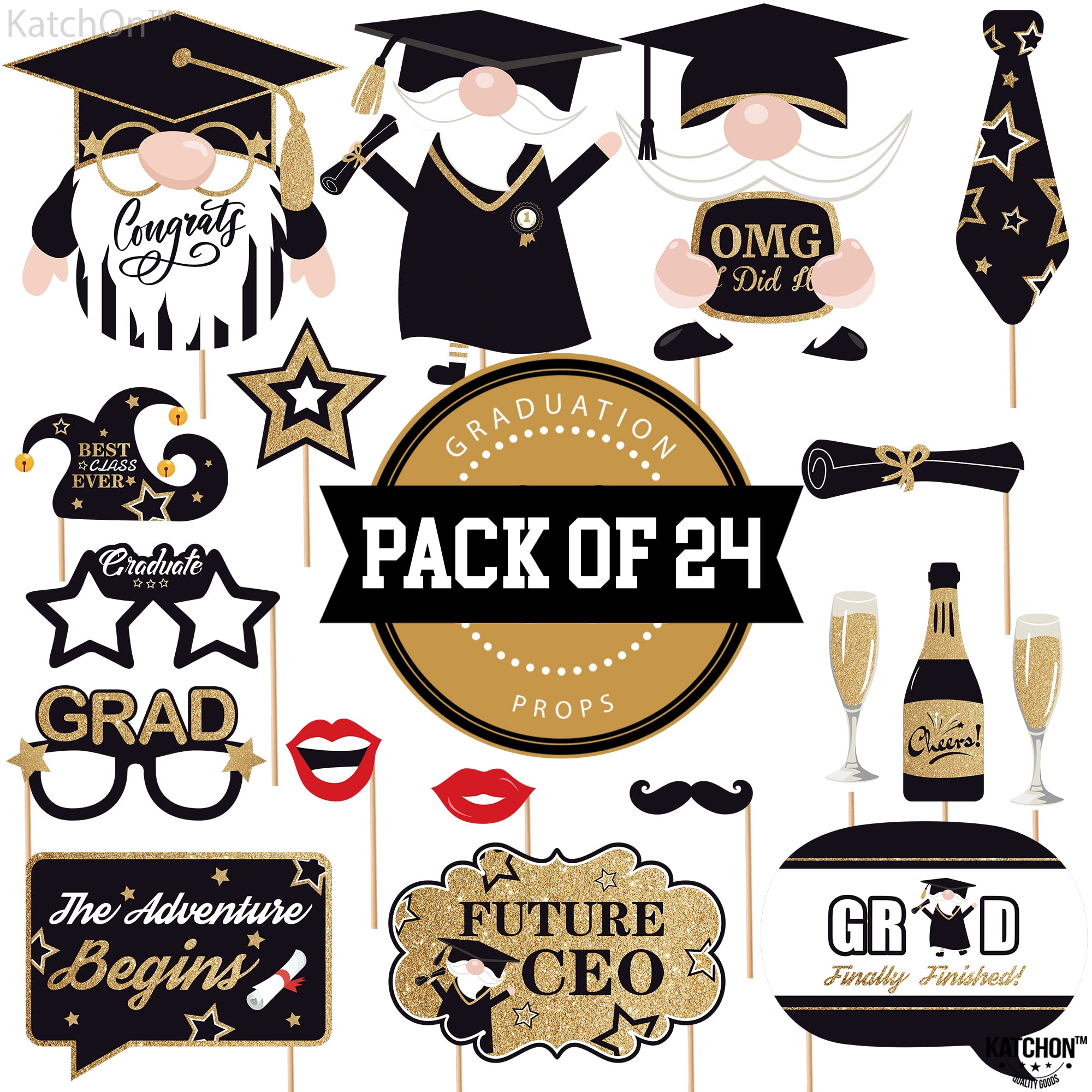 KatchOn Graduation Photo Booth Props 2024 - 25 Pack Black & Gold Class of 2025 Decorations | Perfect for Graduation Parties, Photo Shoots & Commencement Celebrations