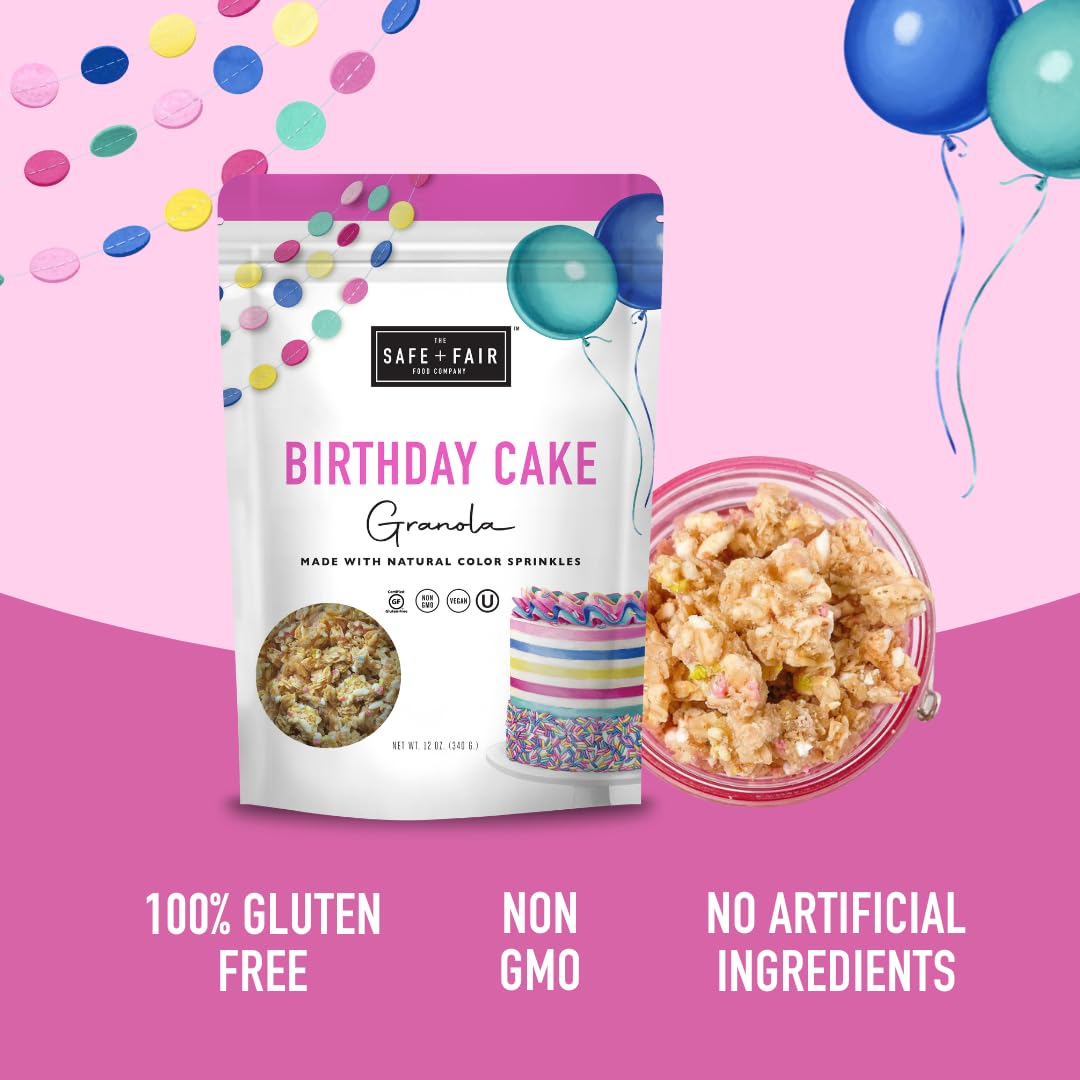 Safe + Fair Birthday Cake Granola – Gluten-Free, Vegan & Plant-Based Snack with Natural Sprinkles – 0g Trans Fat, Non-GMO, Kosher, Allergen-Free, Whole Grain - 12oz (6 Pack) – Perfect for Breakfast, Office Snacks & Healthy Party Treats